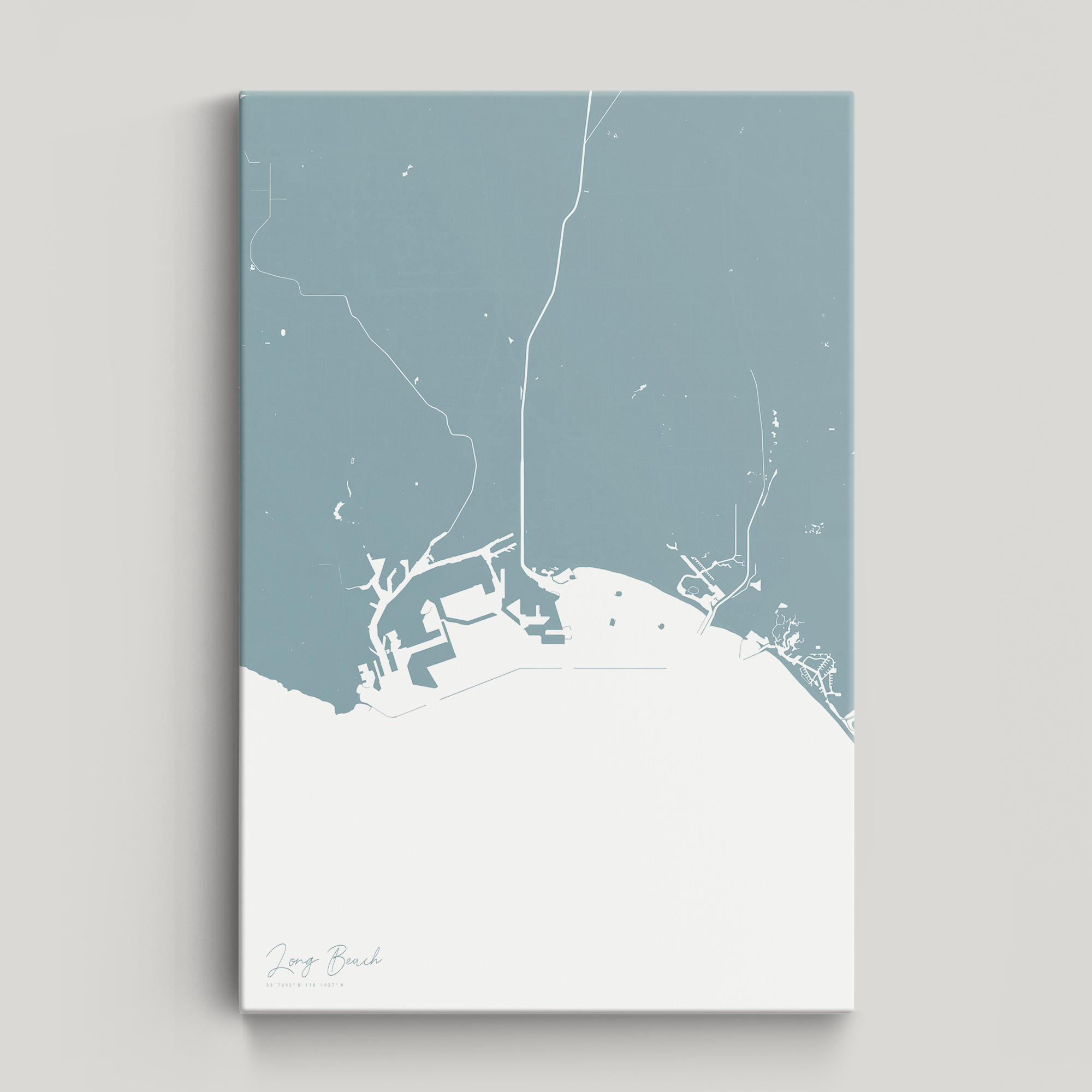 Long Beach Coastal Map — Canvas Vertical, soft-blue, No Frame