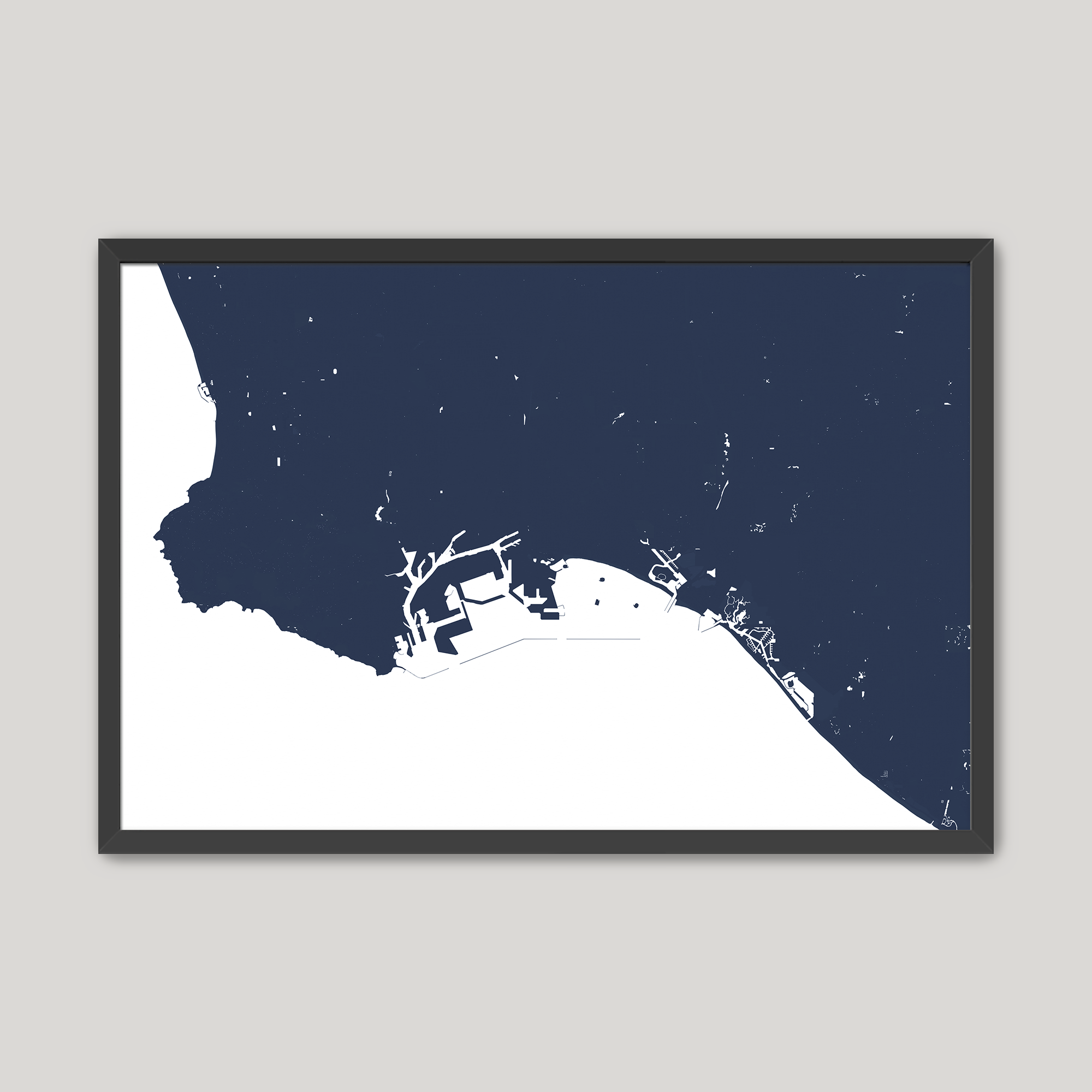 Long Beach Coastal Map — Fine Art Print Horizontal, navy, Black Frame, 10x8