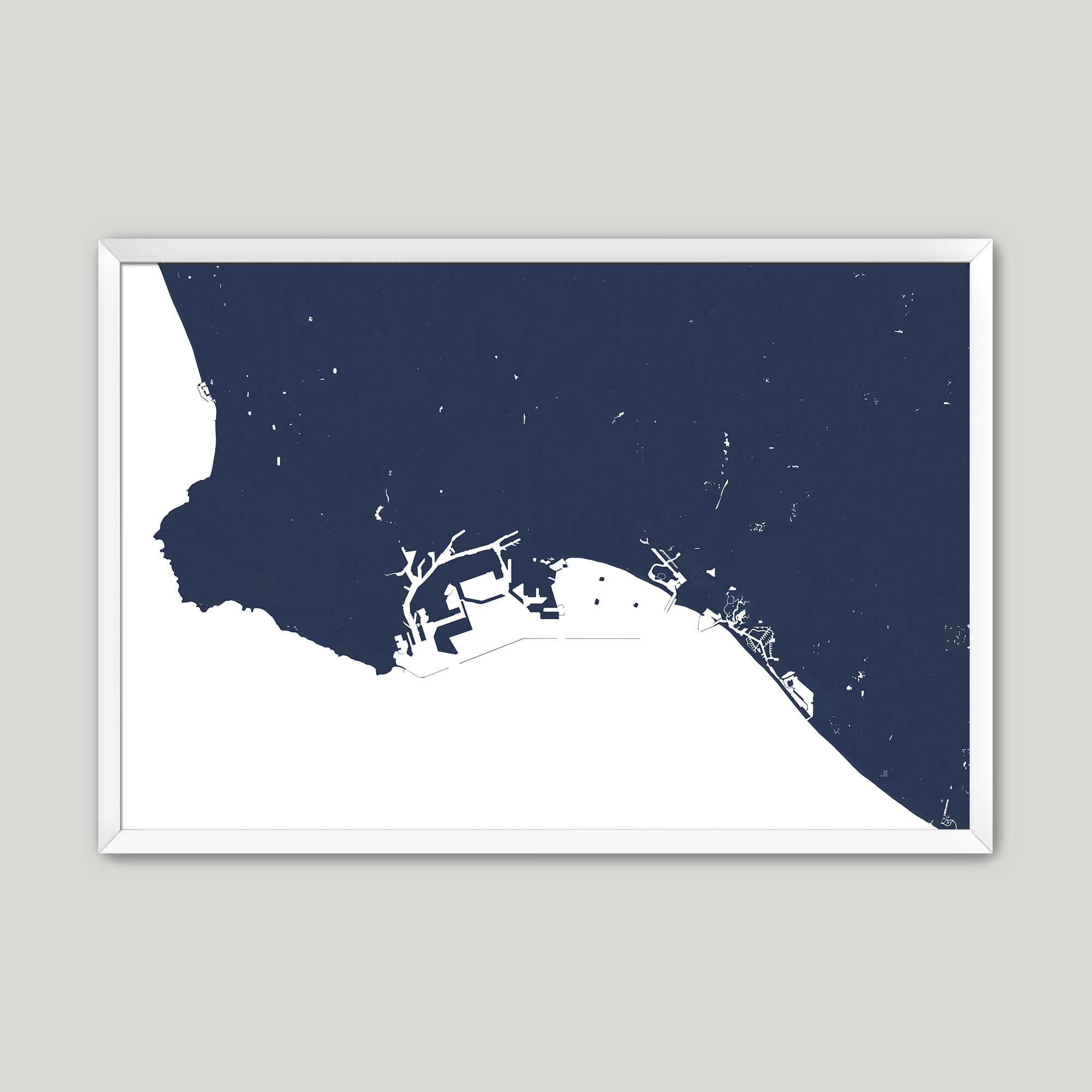 Long Beach Coastal Map — Fine Art Print Horizontal, navy, White Frame, 10x8
