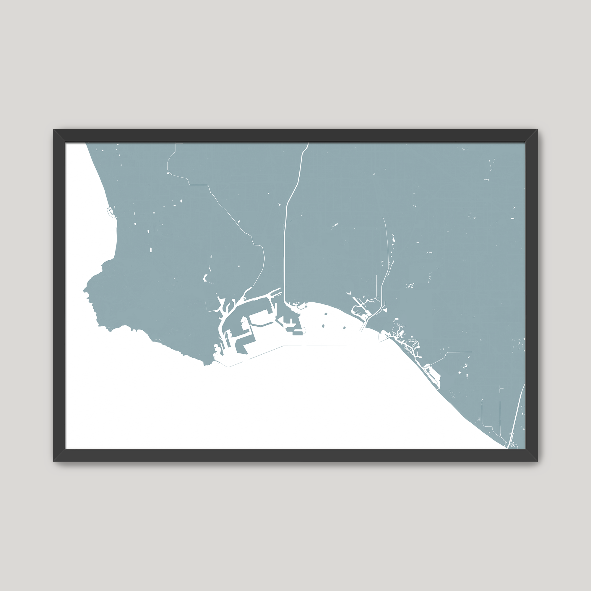 Long Beach Coastal Map — Fine Art Print Horizontal, soft-blue, Black Frame, 10x8