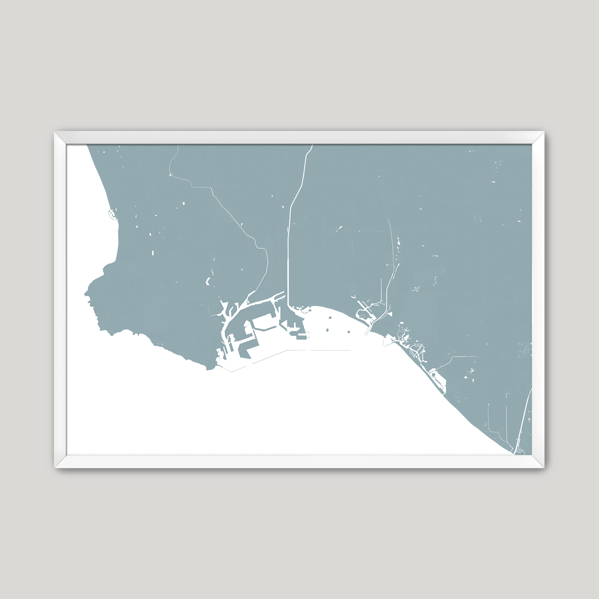 Long Beach Coastal Map — Fine Art Print Horizontal, soft-blue, White Frame, 10x8