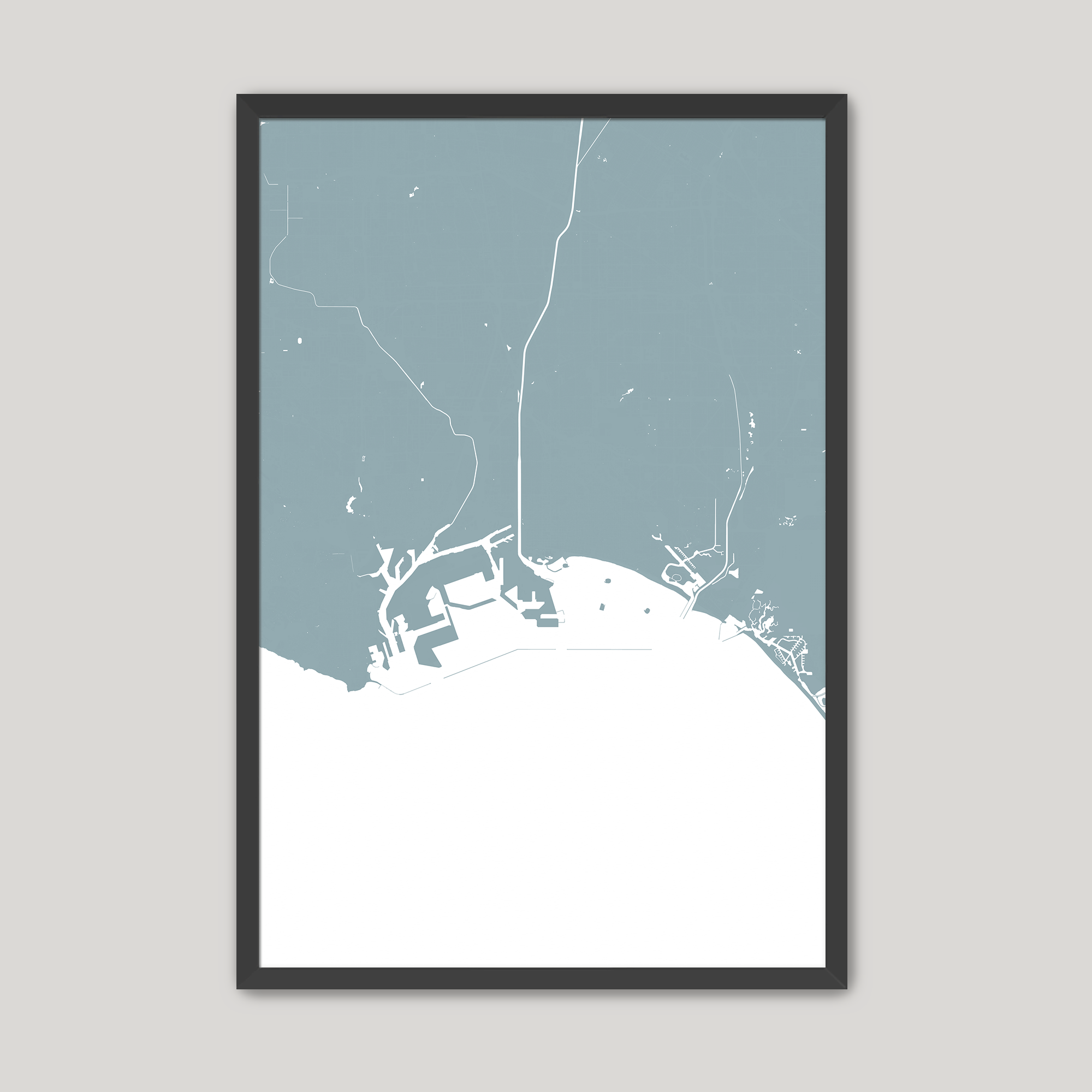 Long Beach Coastal Map — Fine Art Print Vertical, soft-blue, Black Frame, 8x10