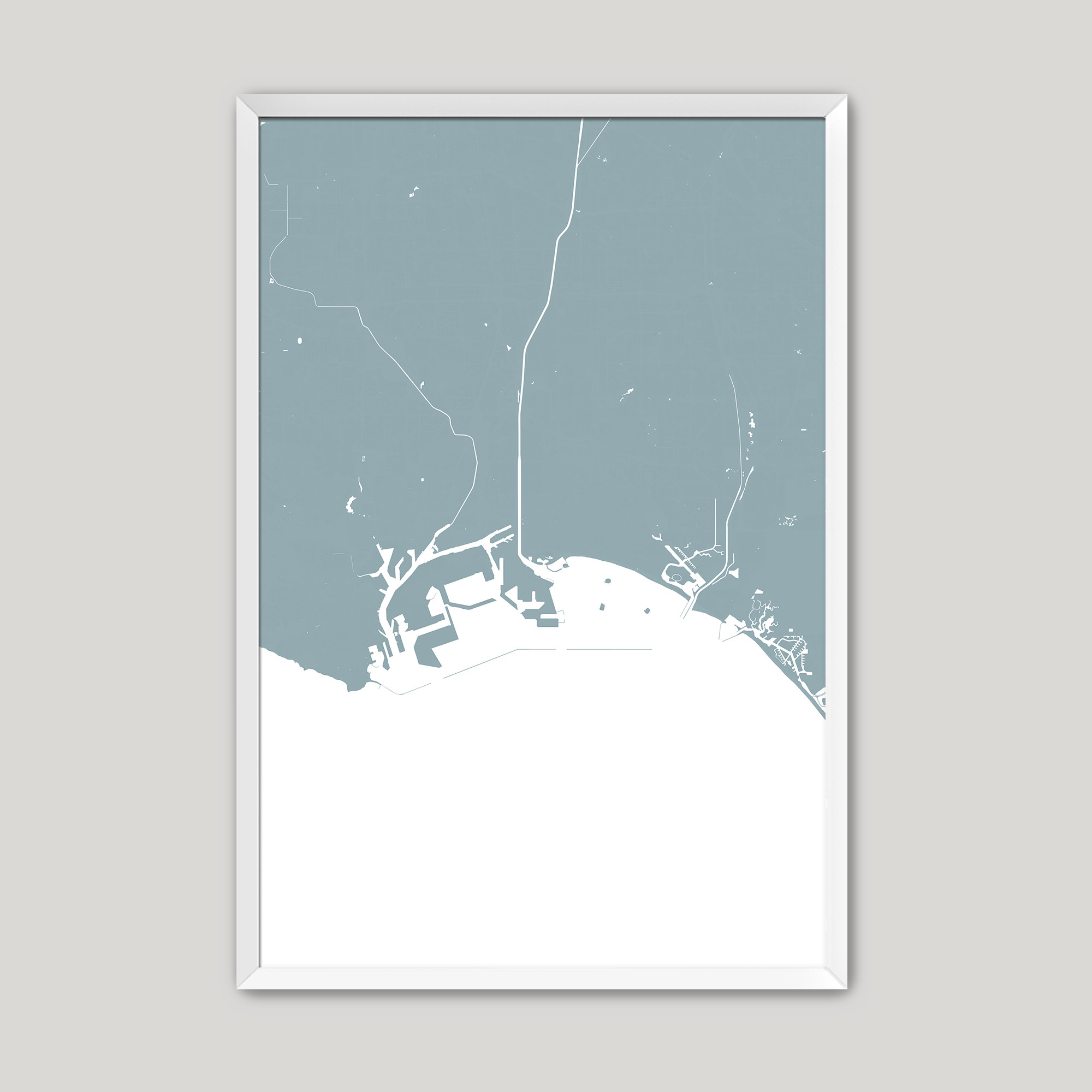 Long Beach Coastal Map — Fine Art Print Vertical, soft-blue, White Frame, 8x10