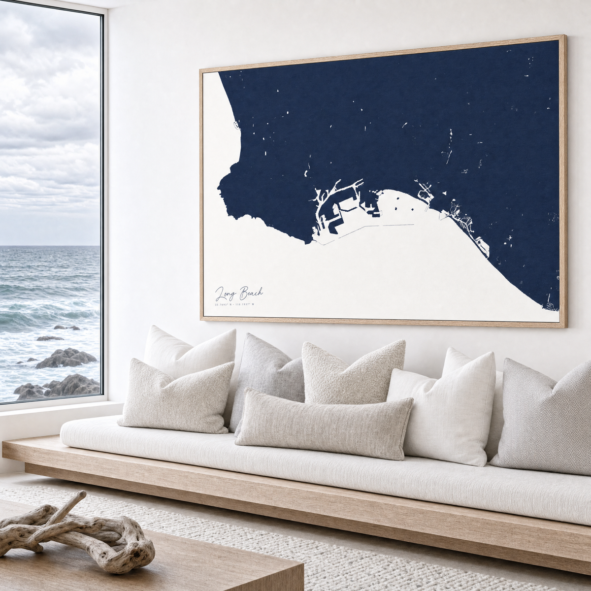Long Beach canvas map — sea-view bench interior