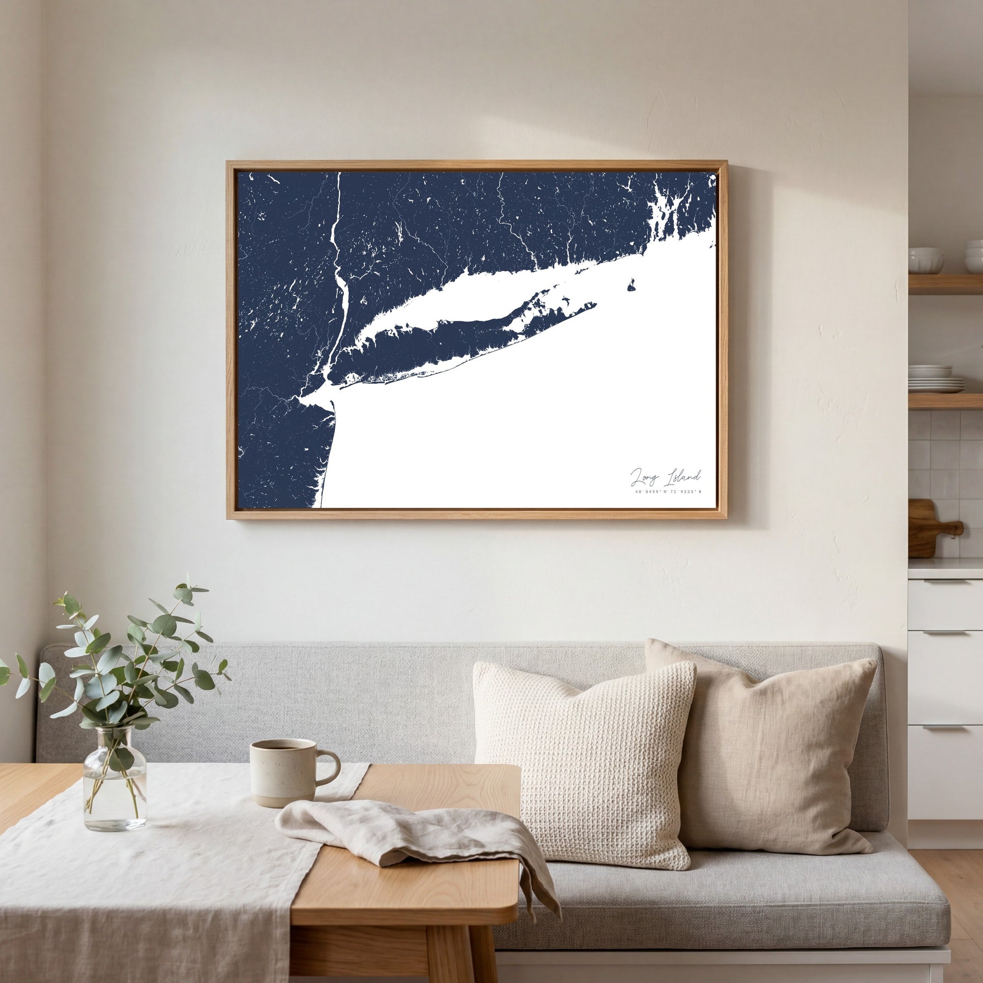 Long Island navy horizontal canvas map in an oak framed room scene