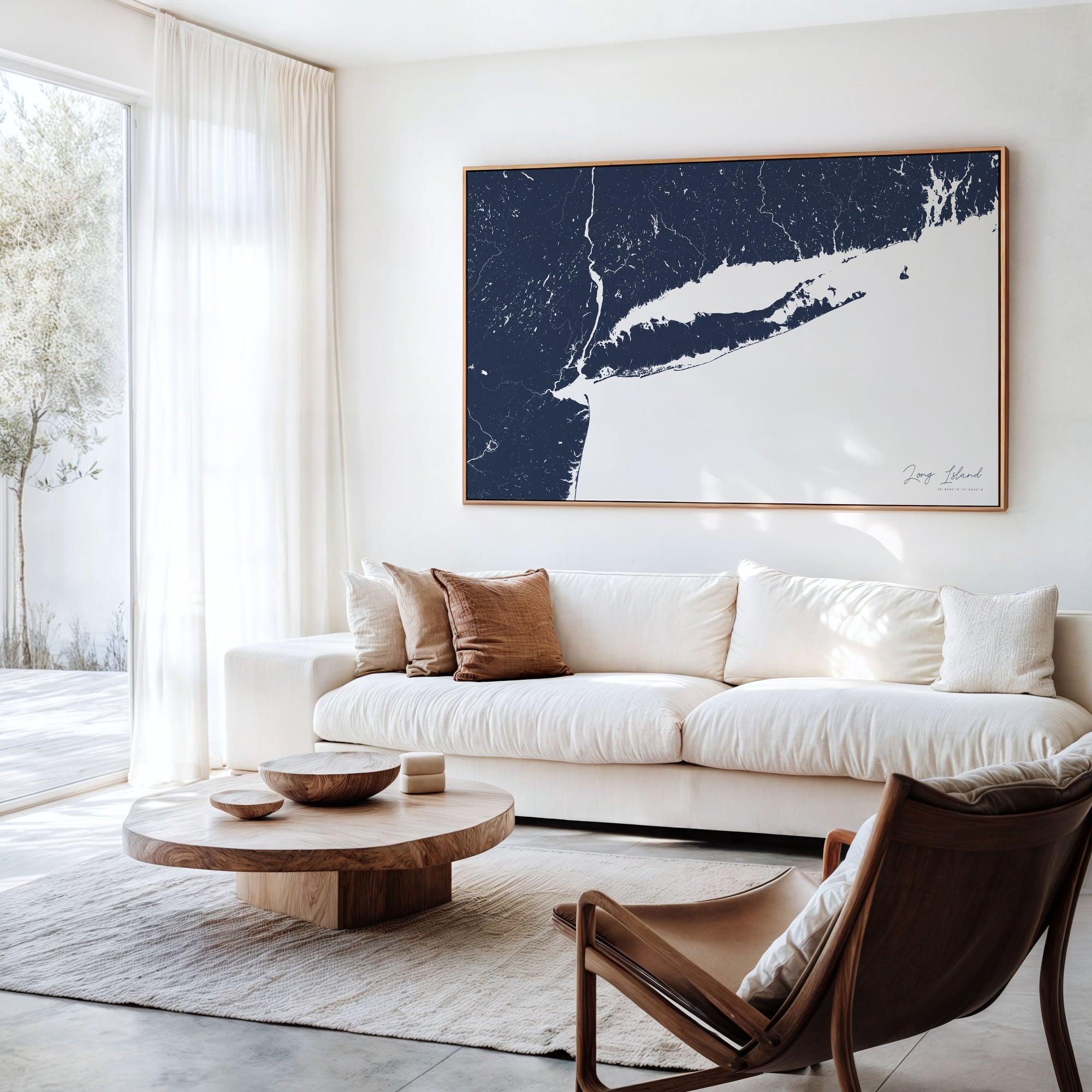 Long Island navy horizontal canvas map in an oak framed room scene