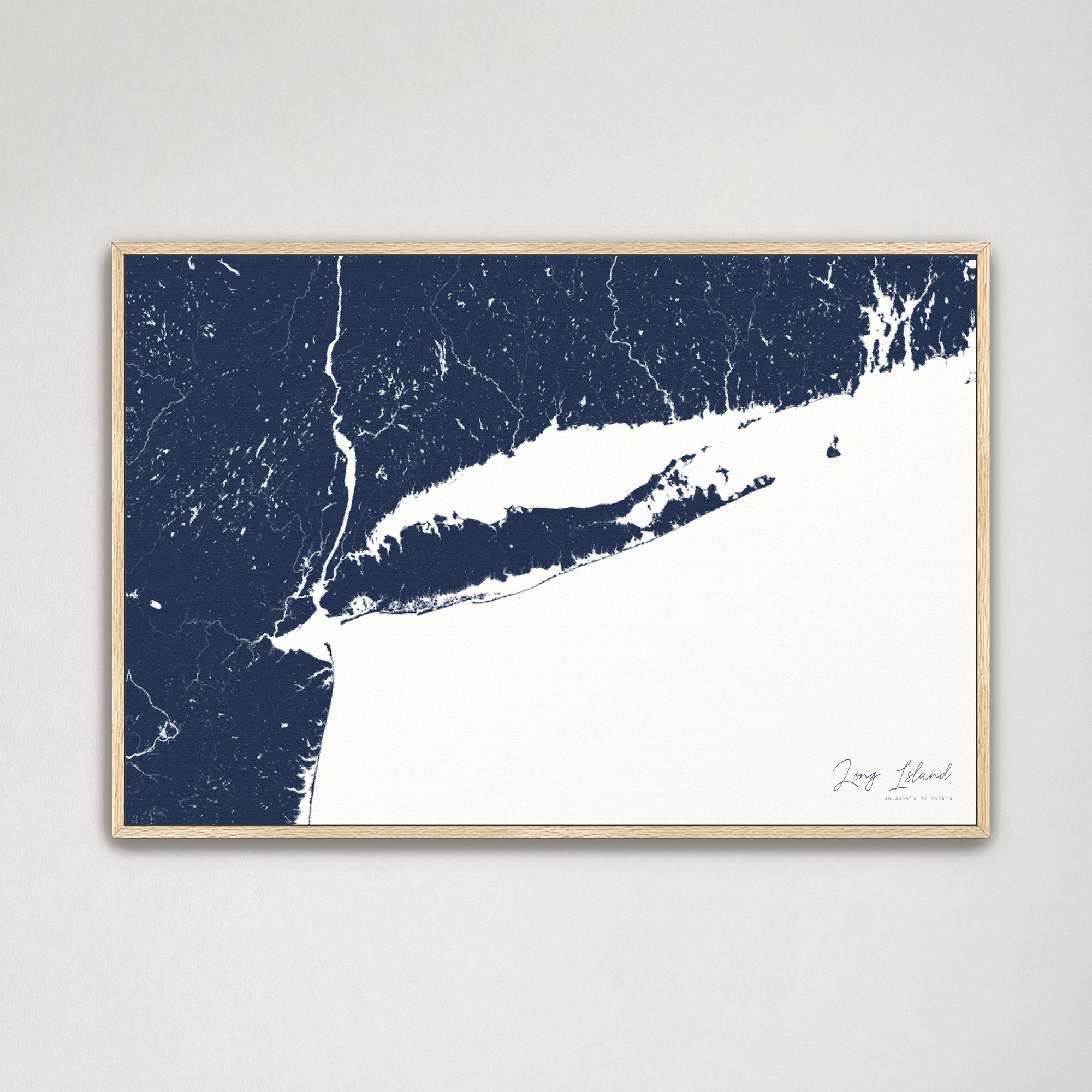 Long Island Coastal Map — Canvas Horizontal, navy, Natural Oak