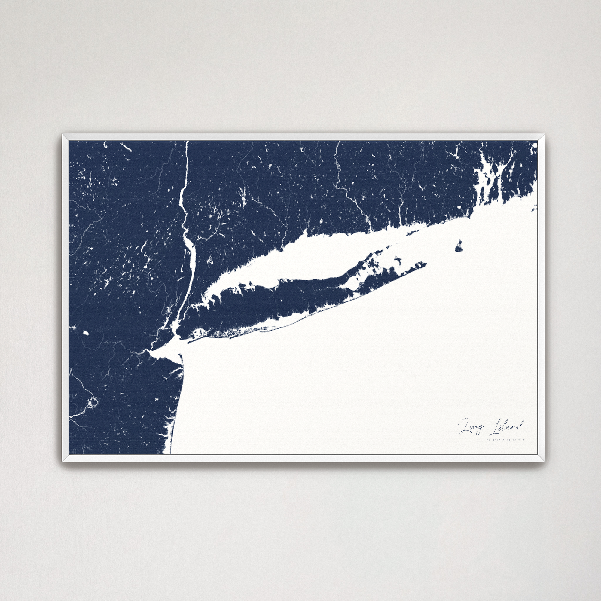 Long Island Coastal Map — Canvas Horizontal, navy, White Frame