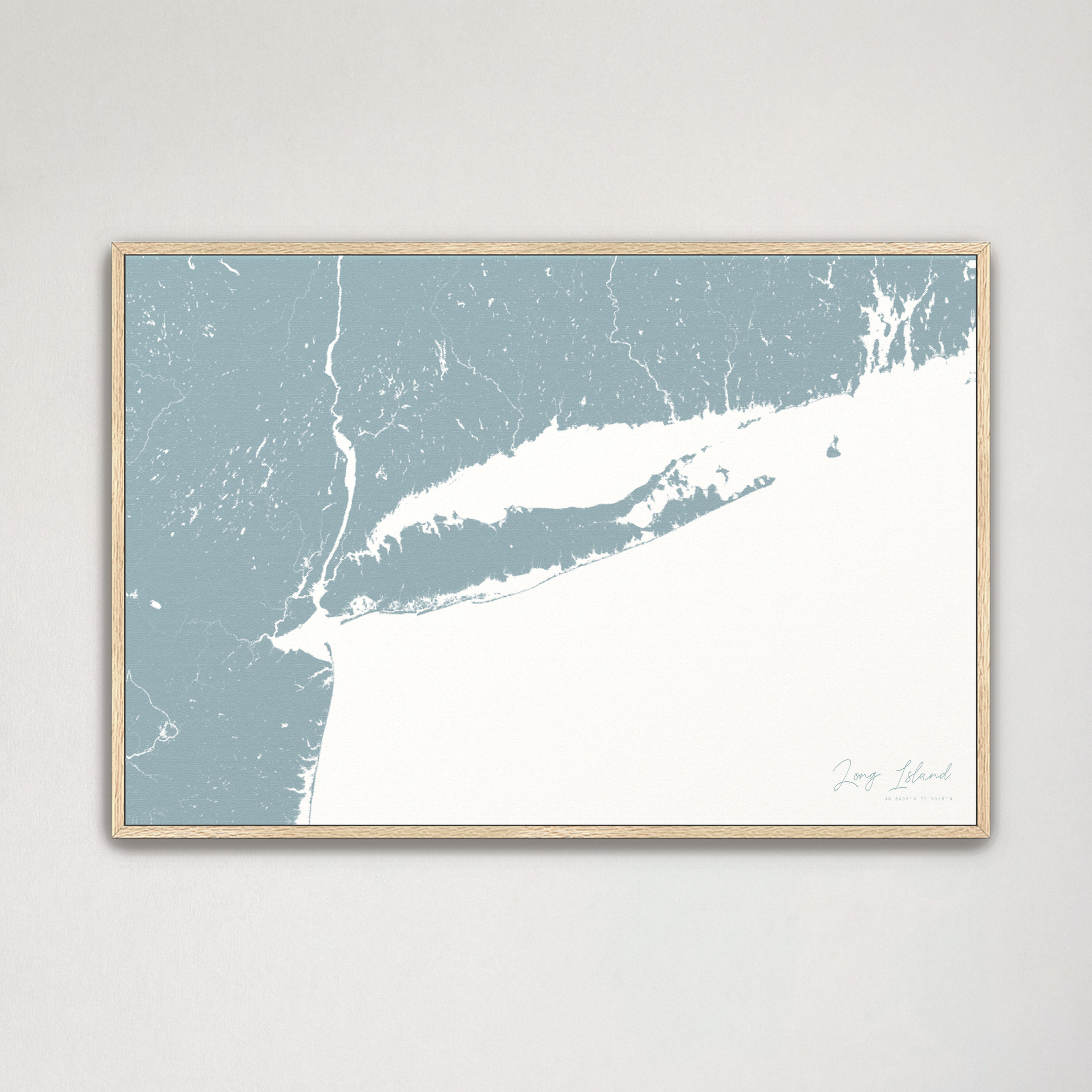 Long Island Coastal Map — Canvas Horizontal, soft-blue, Natural Oak