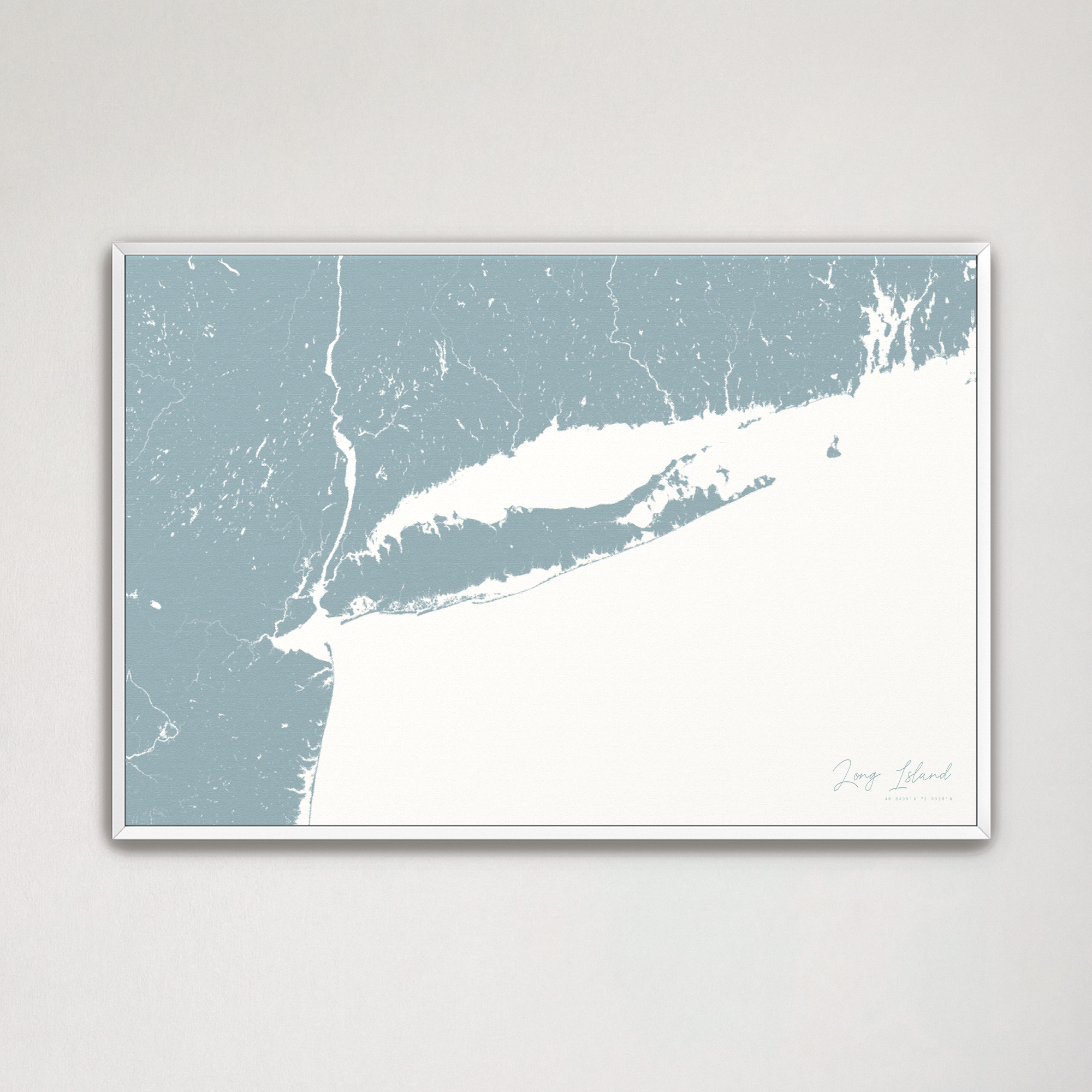 Long Island Coastal Map — Canvas Horizontal, soft-blue, White Frame