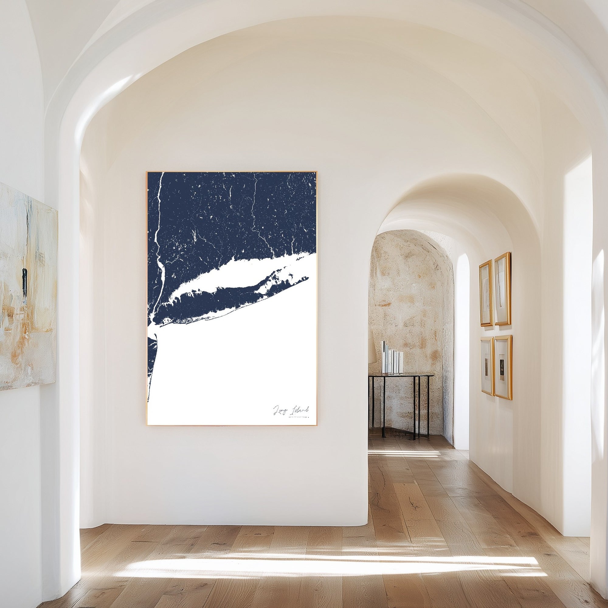 Long Island navy vertical canvas map in the Bello mixed room scene
