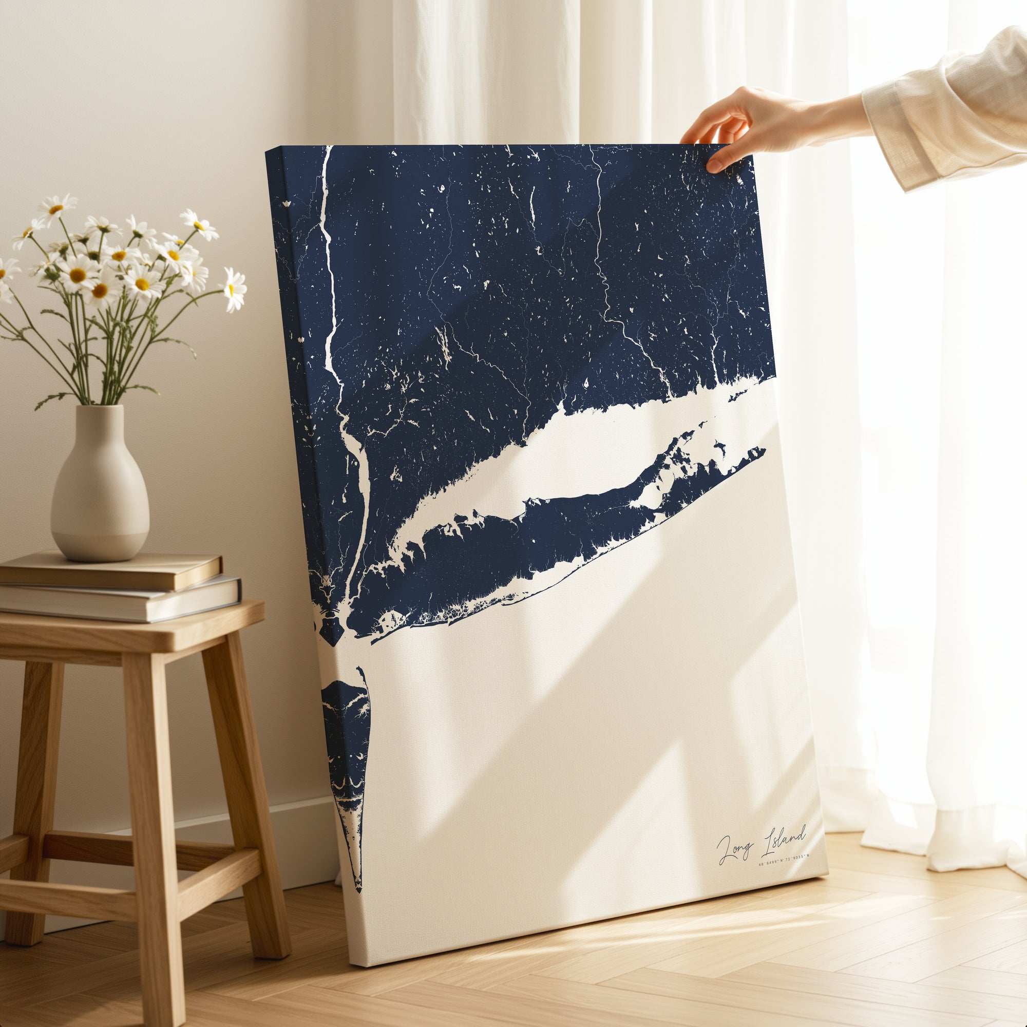 Long Island navy vertical wrapped canvas map in the ratio 2:3 hand mockup