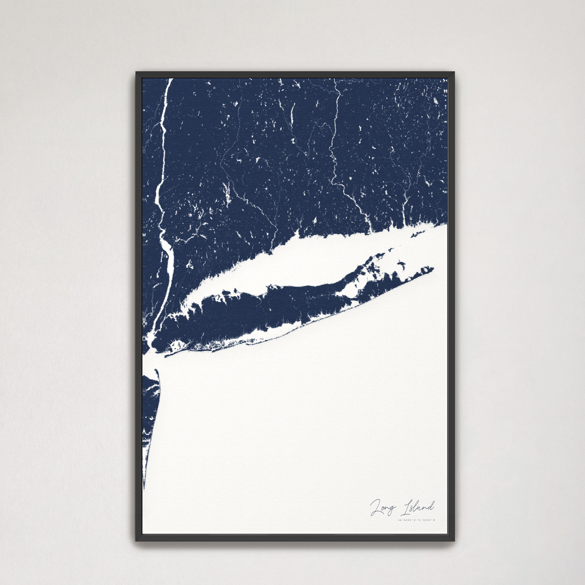 Long Island Coastal Map — Canvas Vertical, navy, Black Frame