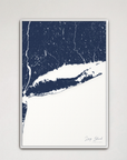 Long Island Coastal Map — Canvas Vertical, navy, White Frame