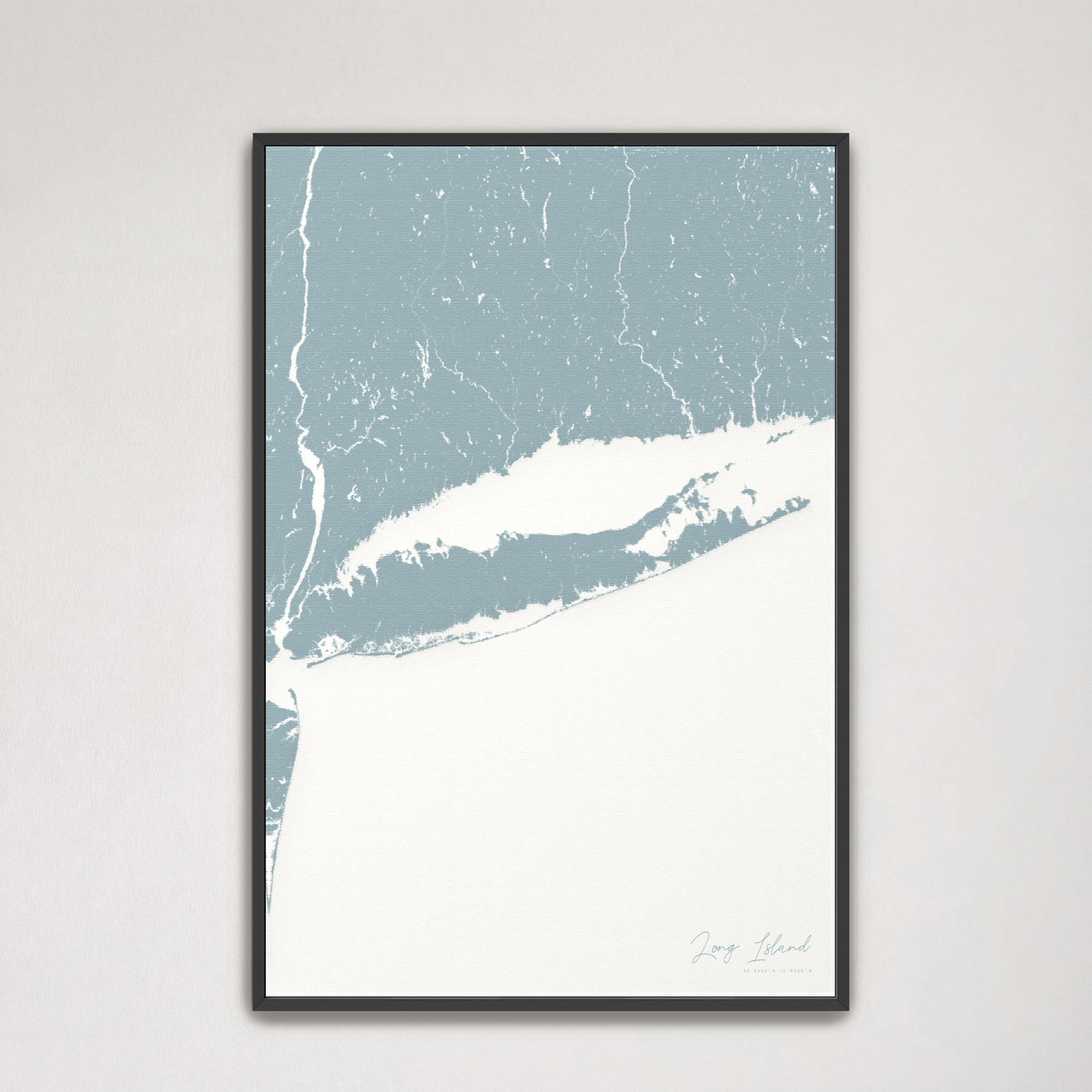 Long Island Coastal Map — Canvas Vertical, soft-blue, Black Frame