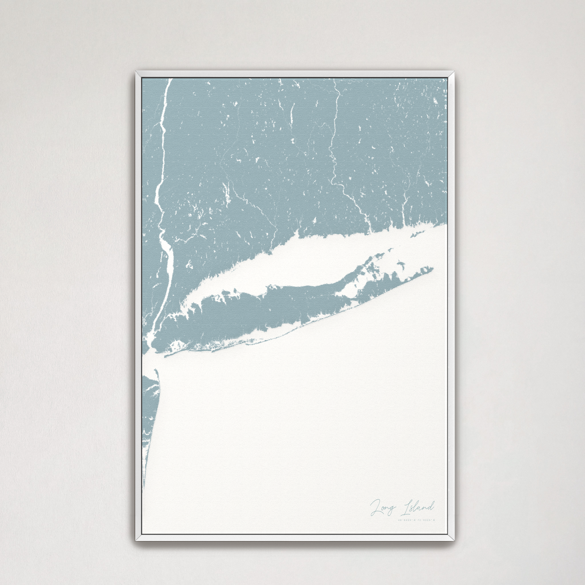 Long Island Coastal Map — Canvas Vertical, soft-blue, White Frame