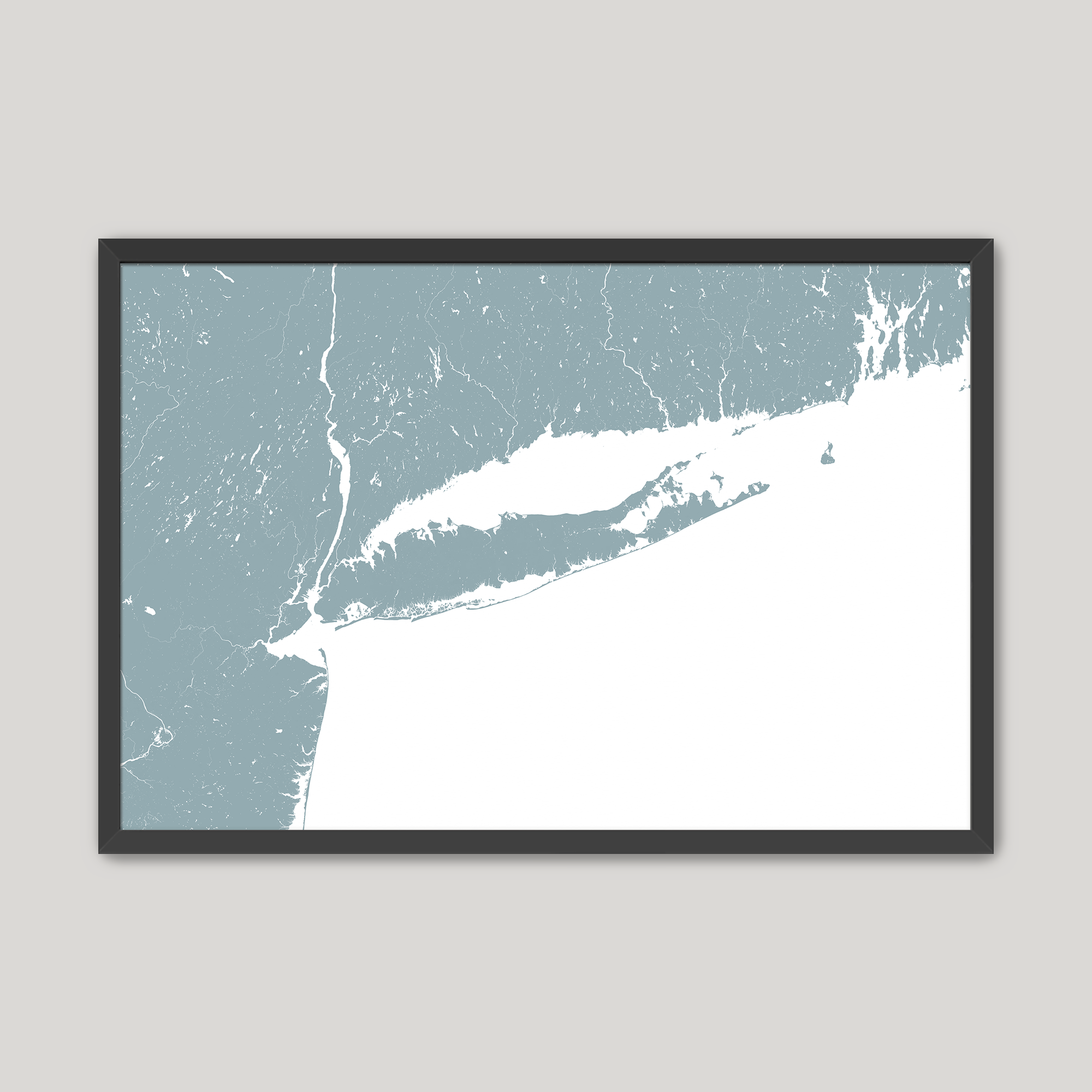 Long Island Coastal Map — Fine Art Print Horizontal, soft-blue, Black Frame, 10x8