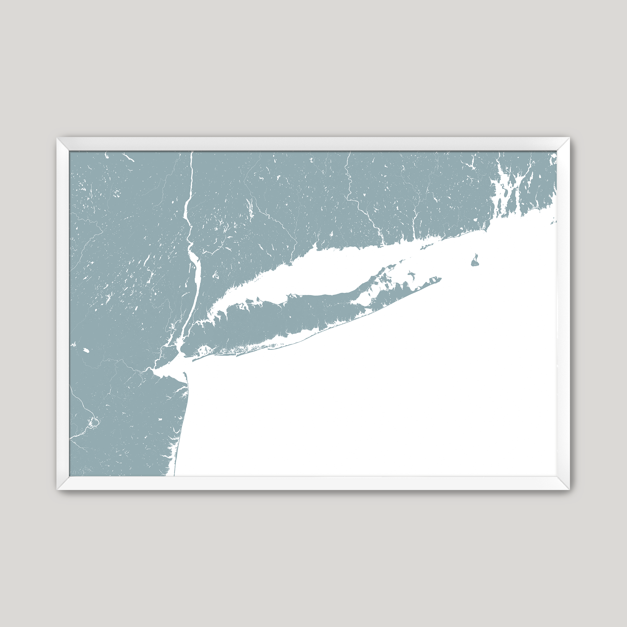 Long Island Coastal Map — Fine Art Print Horizontal, soft-blue, White Frame, 10x8