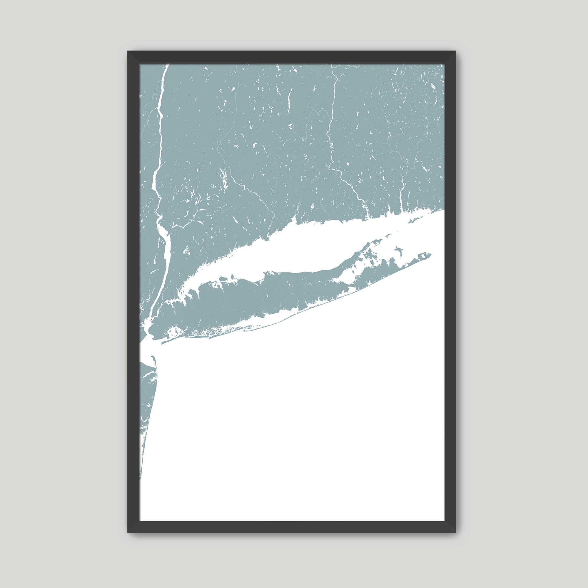 Long Island Coastal Map — Fine Art Print Vertical, soft-blue, Black Frame, 8x10