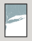 Long Island Coastal Map — Fine Art Print Vertical, soft-blue, Black Frame, 8x10