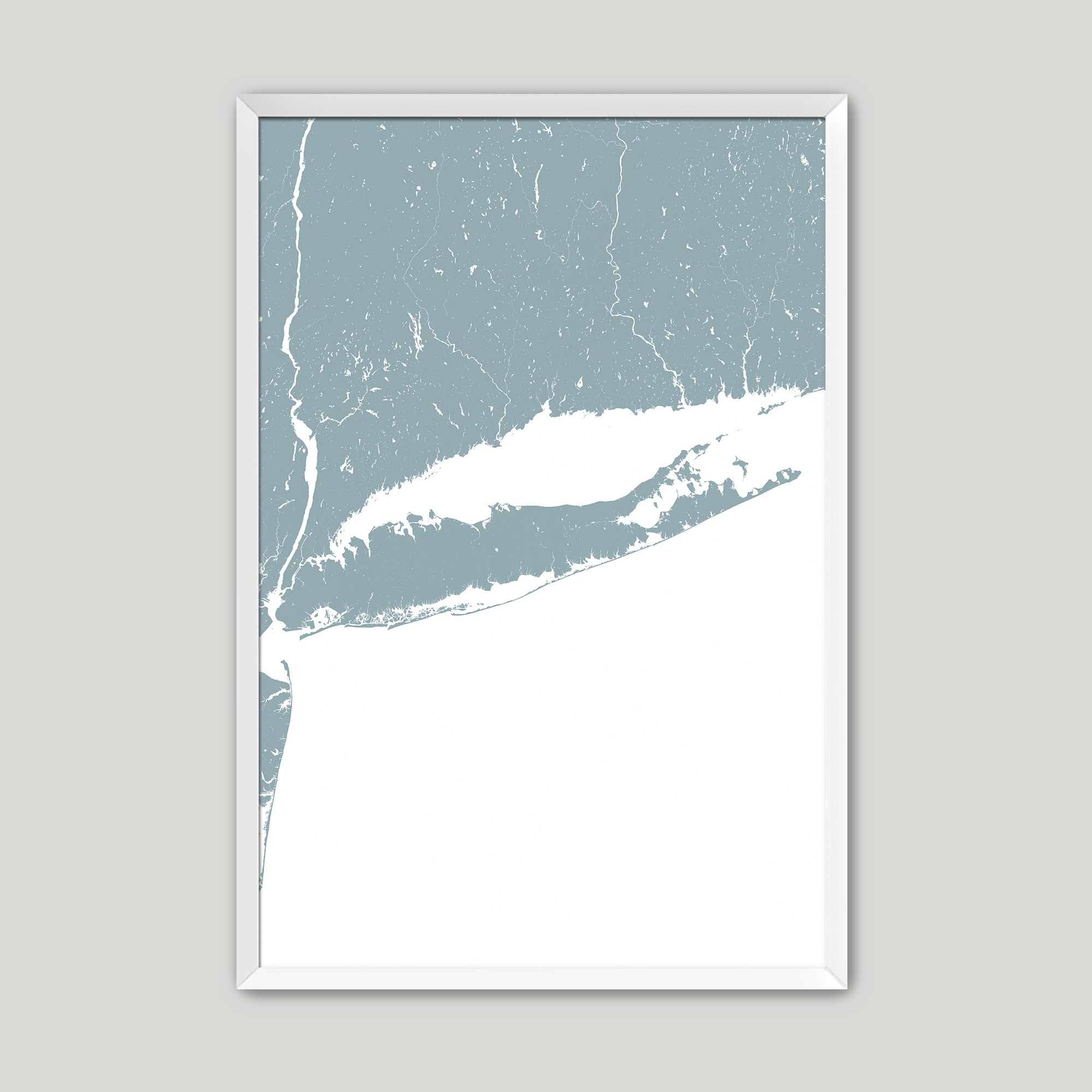 Long Island Coastal Map — Fine Art Print Vertical, soft-blue, White Frame, 8x10