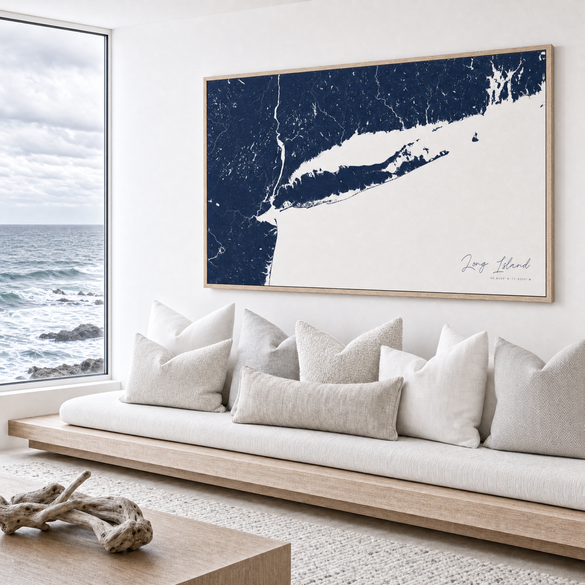 Long Island canvas map — sea-view bench interior