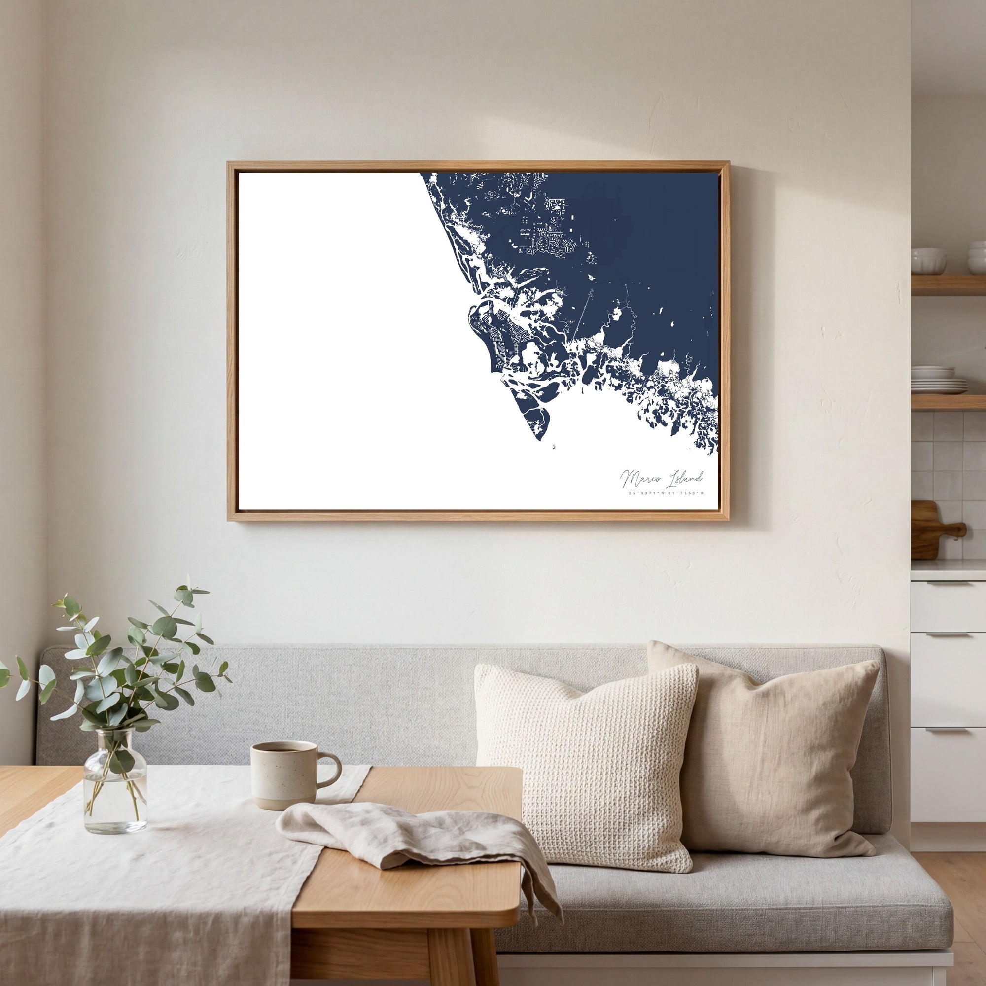 Marco Island navy horizontal canvas map in an oak framed room scene