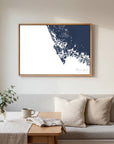 Marco Island navy horizontal canvas map in an oak framed room scene