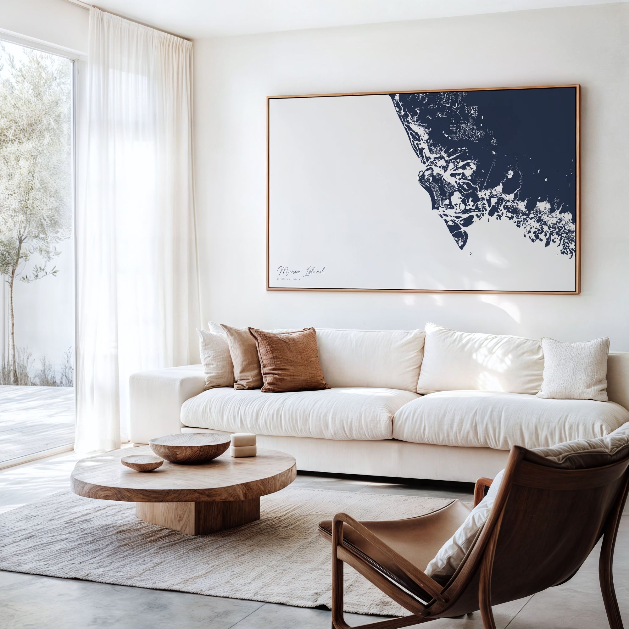 Marco Island navy horizontal canvas map in an oak framed room scene