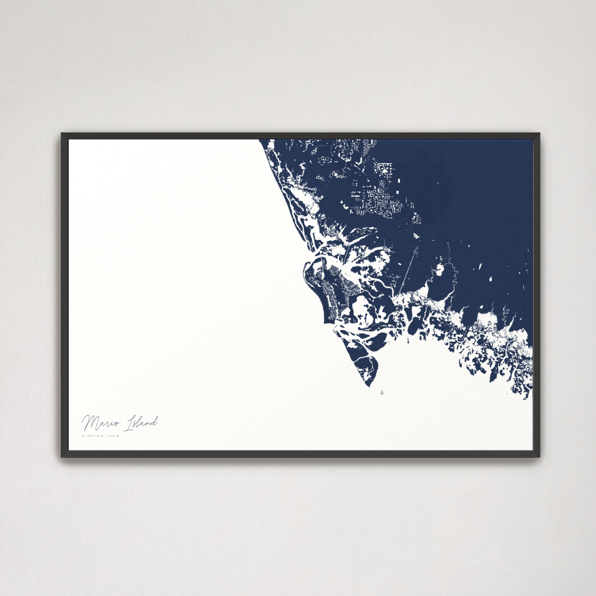 Marco Island Coastal Map — Canvas Horizontal, navy, Black Frame