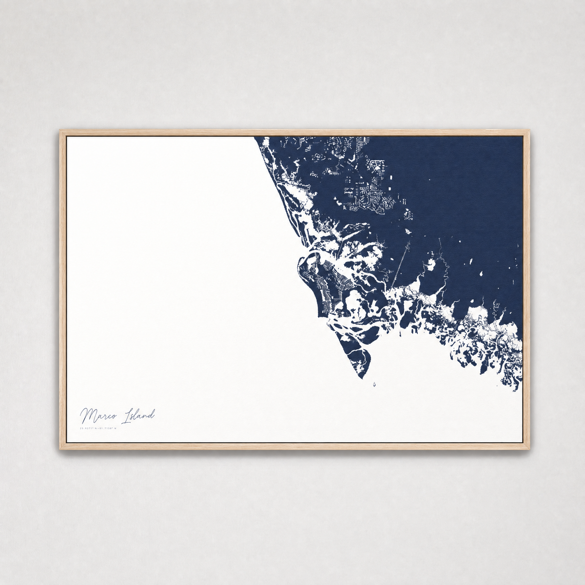 Marco Island Coastal Map — Canvas Horizontal — navy, Light Wood