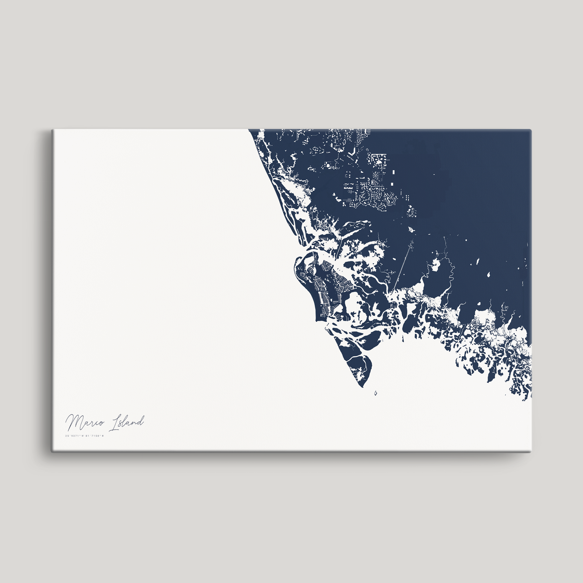 Marco Island Coastal Map — Canvas Horizontal, navy, No Frame