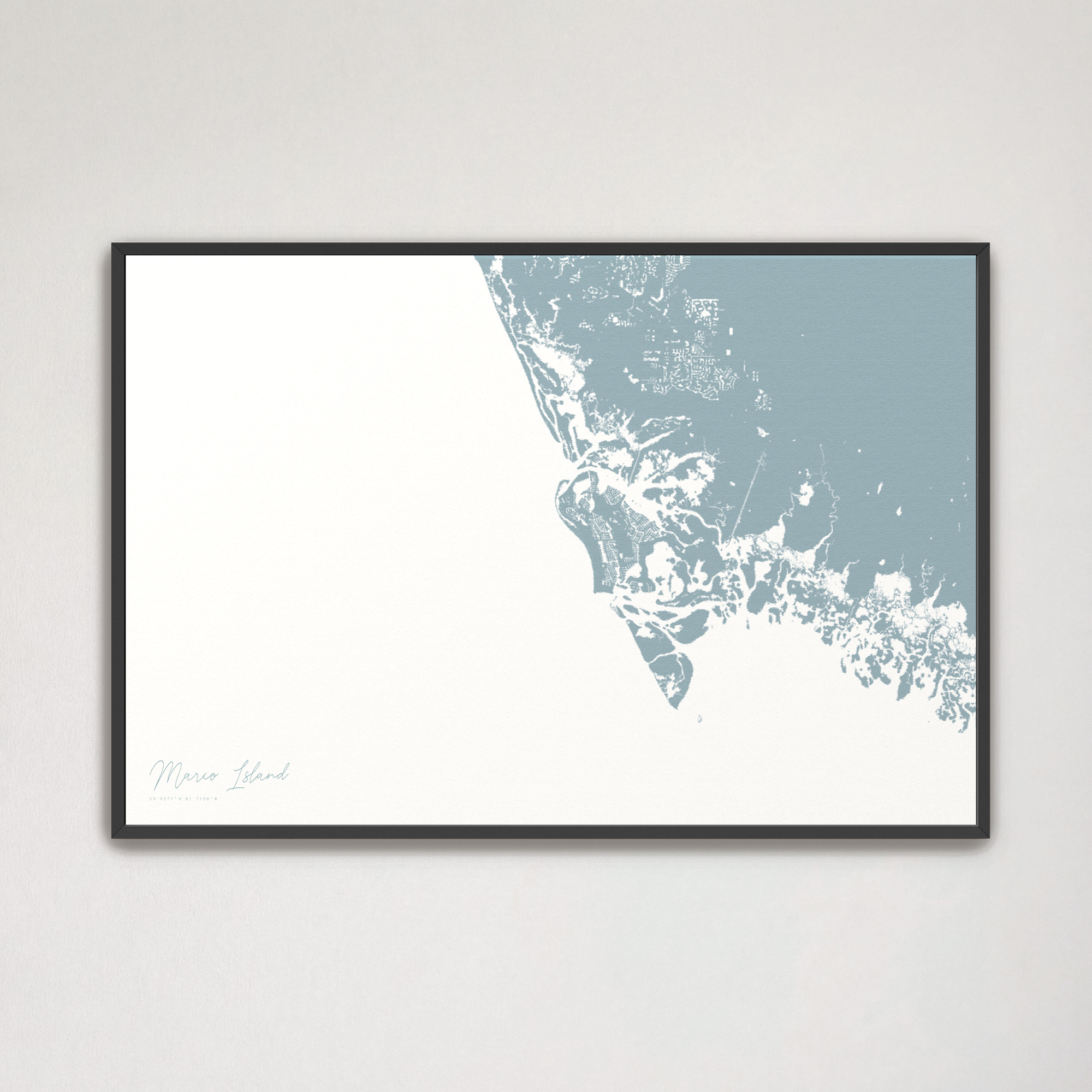 Marco Island Coastal Map — Canvas Horizontal, soft-blue, Black Frame