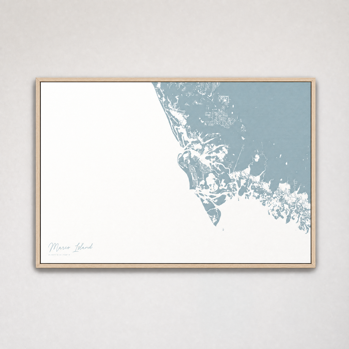 Marco Island Coastal Map — Canvas Horizontal — soft-blue, Light Wood