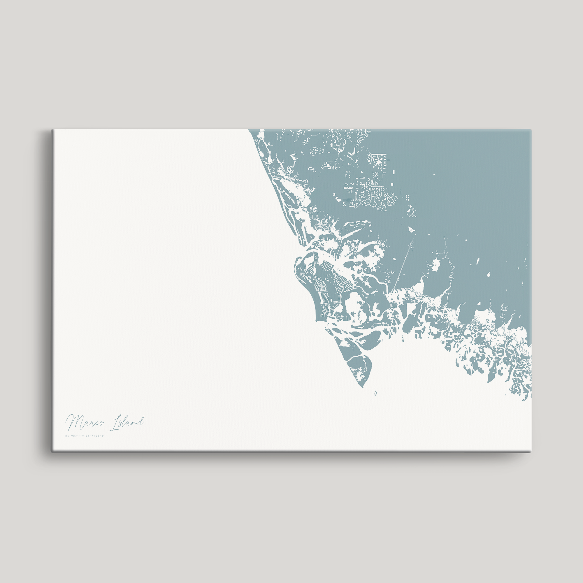 Marco Island Coastal Map — Canvas Horizontal, soft-blue, No Frame