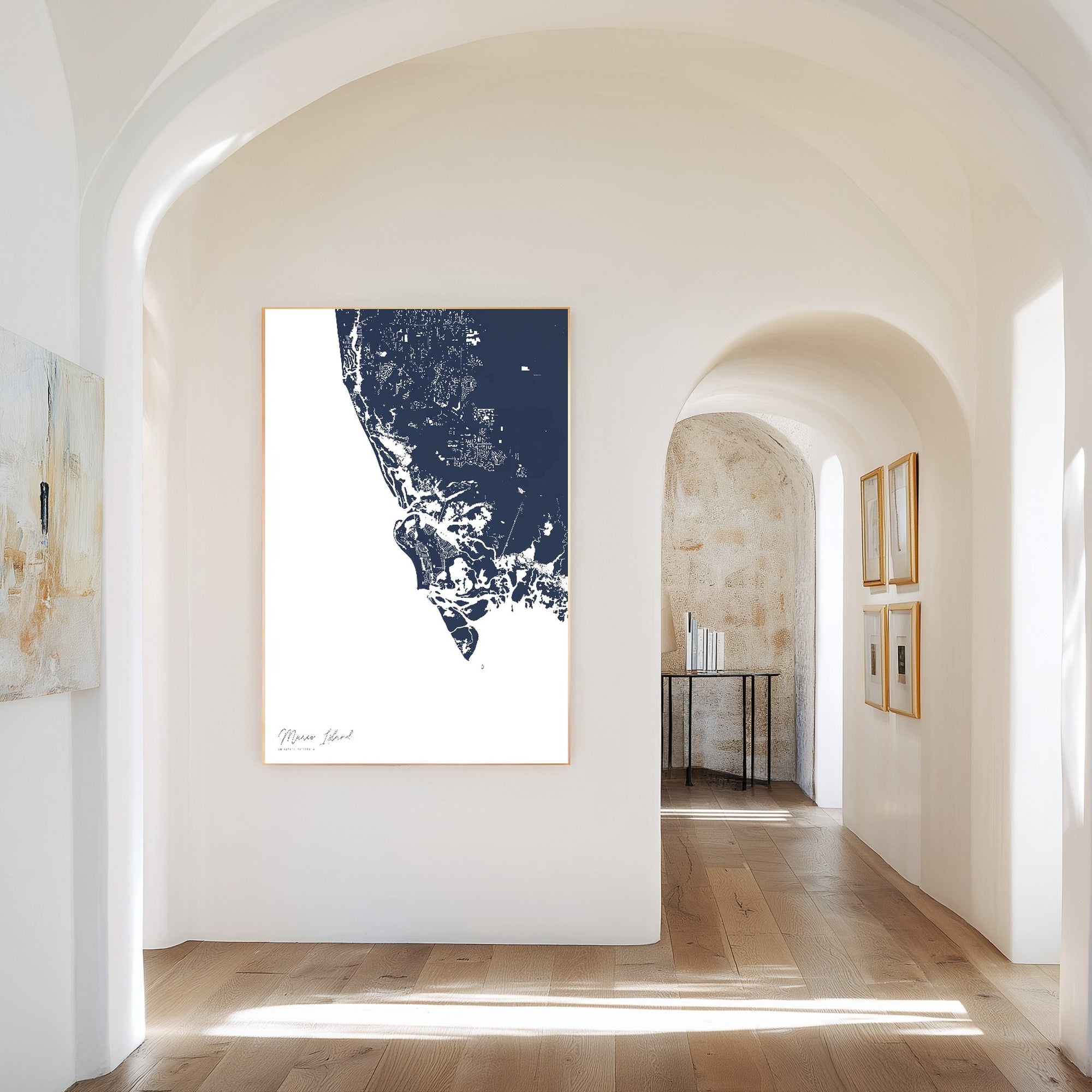 Marco Island navy vertical canvas map in the Bello mixed room scene