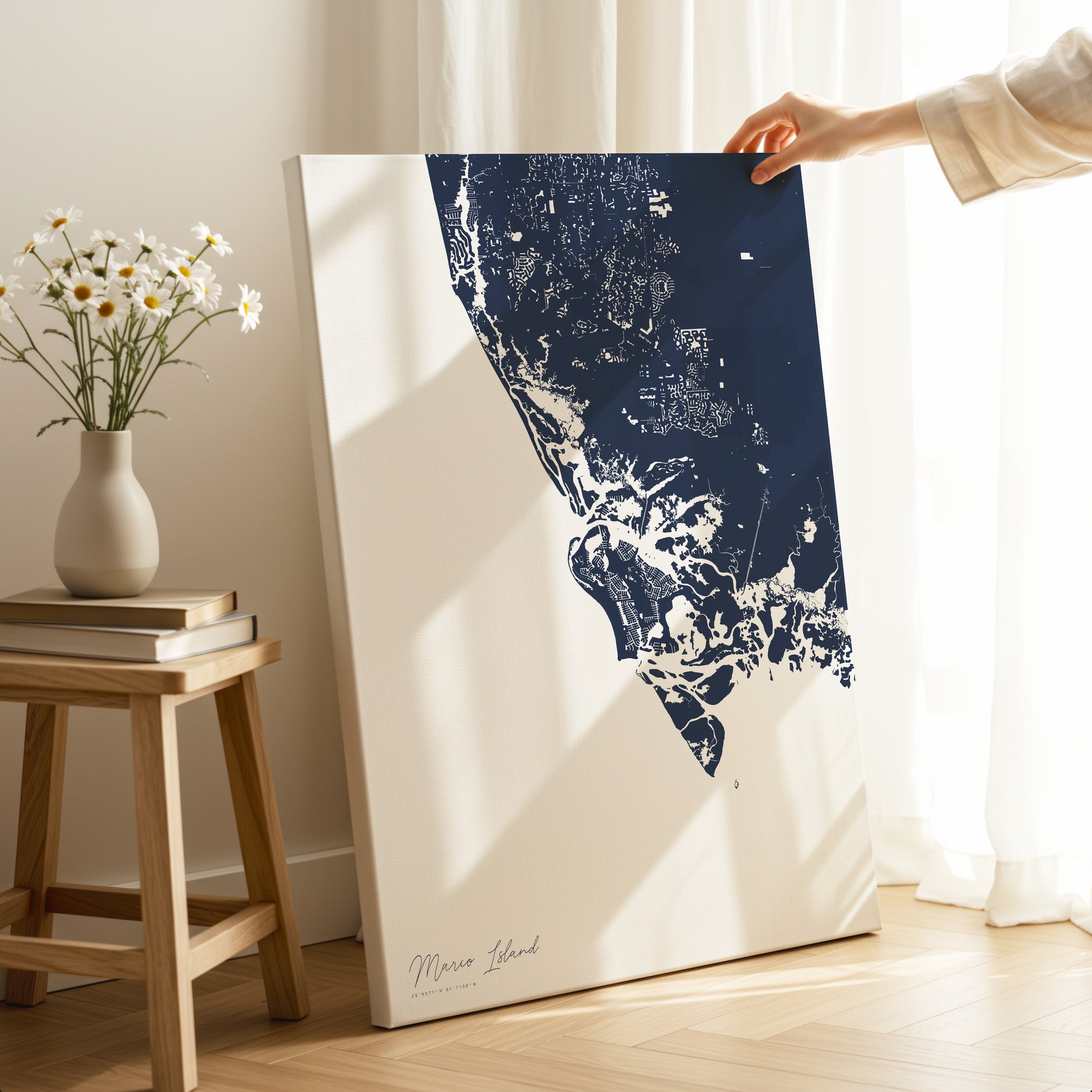 Marco Island navy vertical wrapped canvas map in the ratio 2:3 hand mockup