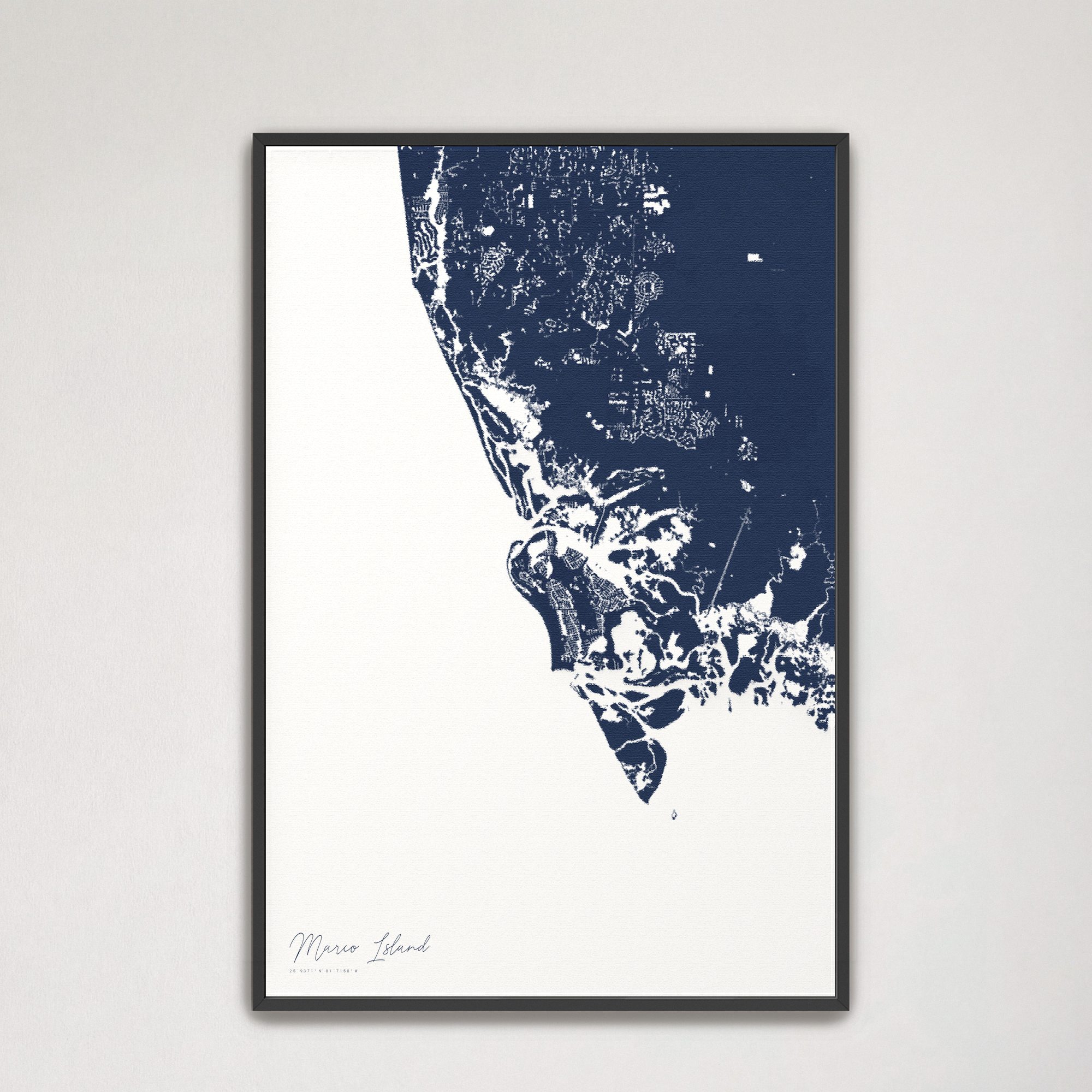 Marco Island Coastal Map — Canvas Vertical, navy, Black Frame