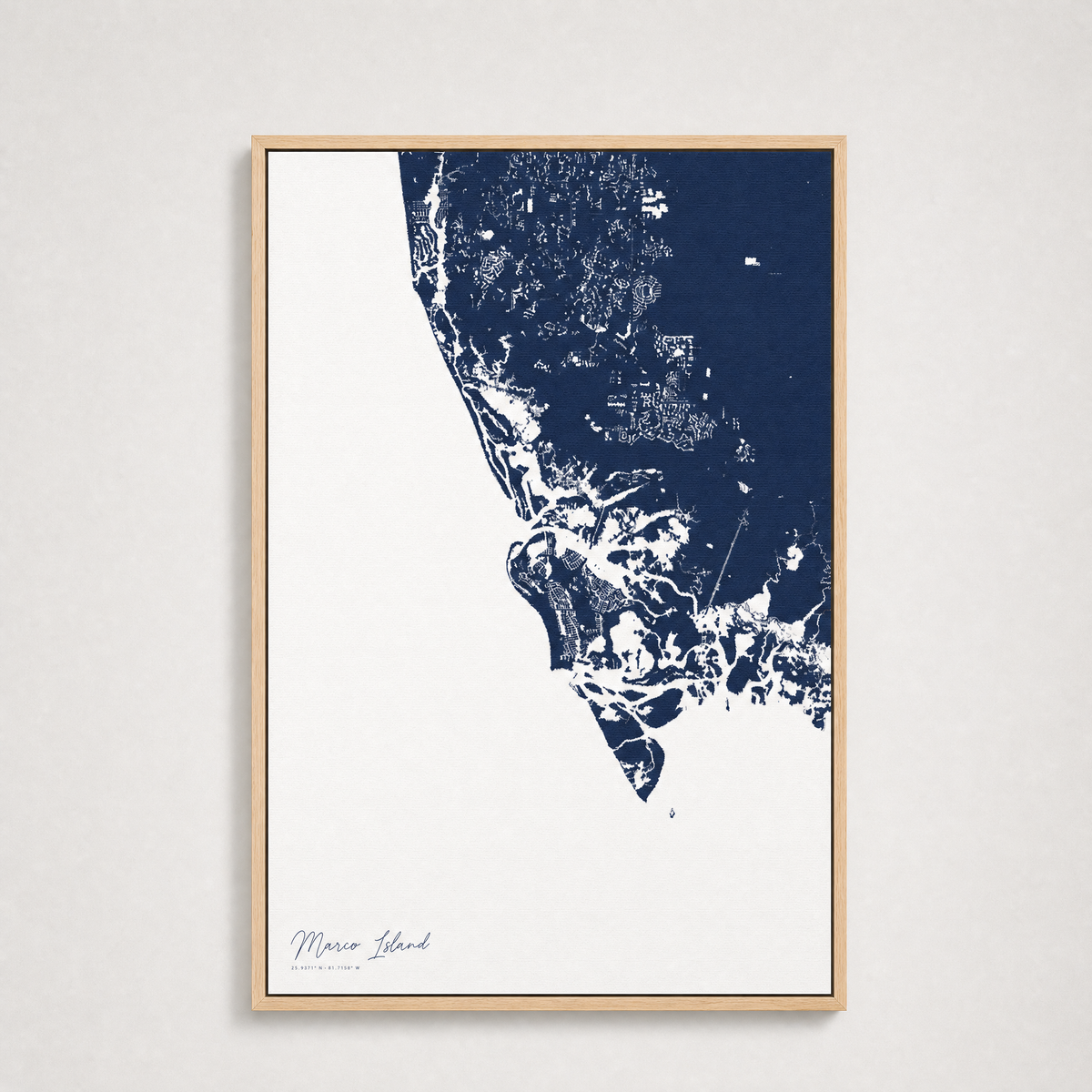 Marco Island Coastal Map — Canvas Vertical — navy, Light Wood