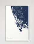 Marco Island Coastal Map — Canvas Vertical, navy, White Frame