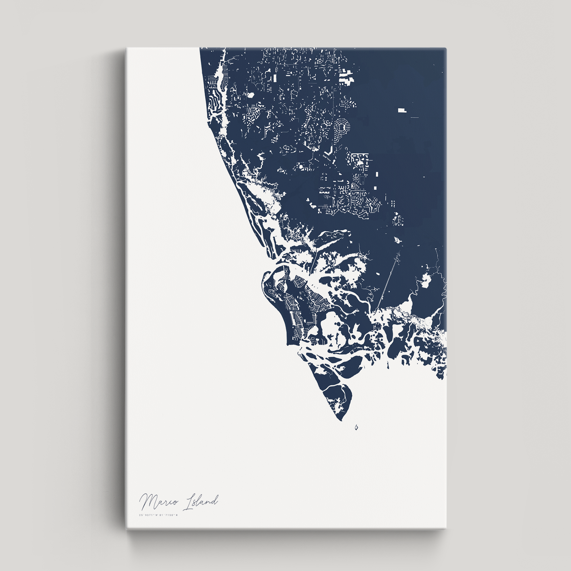 Marco Island Coastal Map — Canvas Vertical, navy, No Frame
