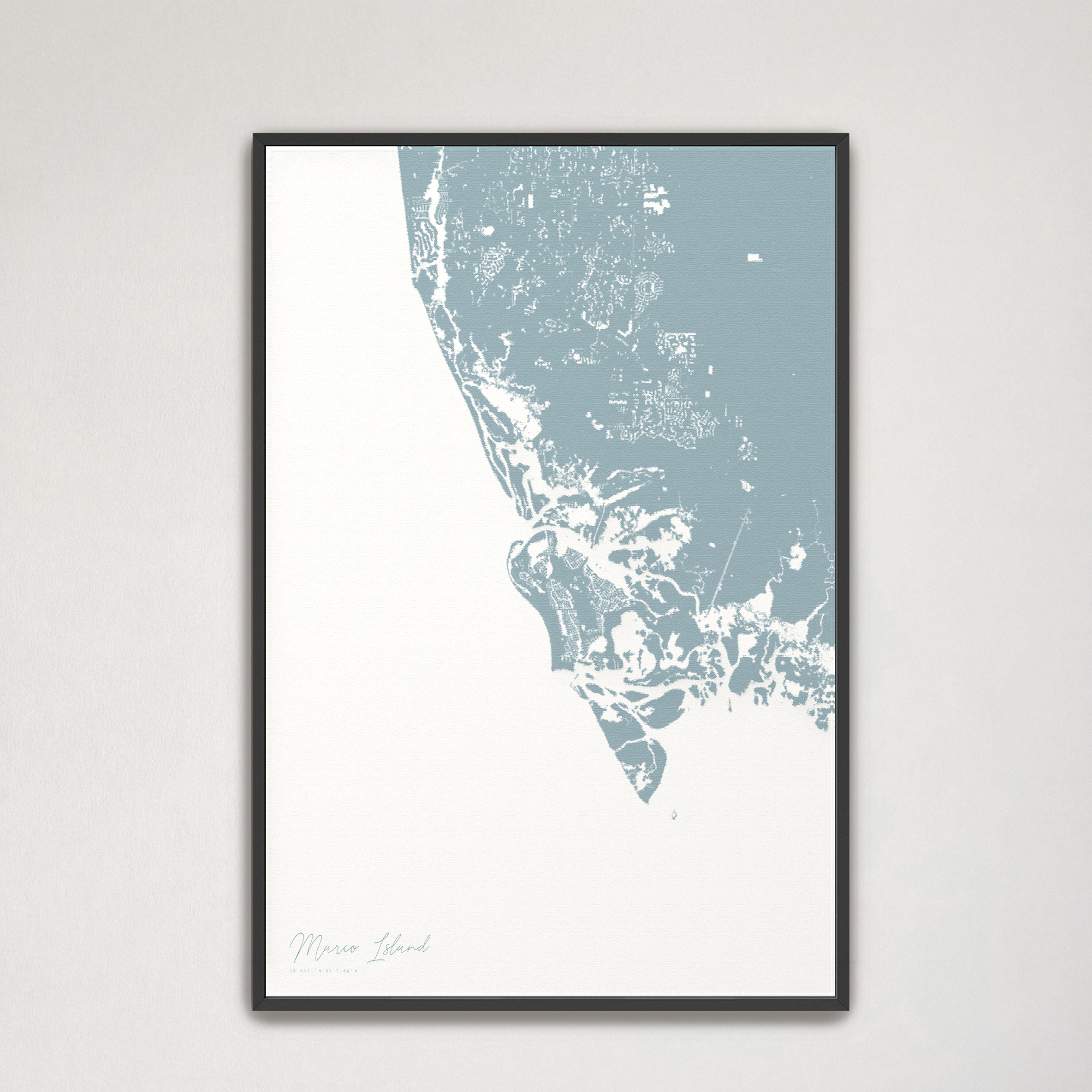 Marco Island Coastal Map — Canvas Vertical, soft-blue, Black Frame