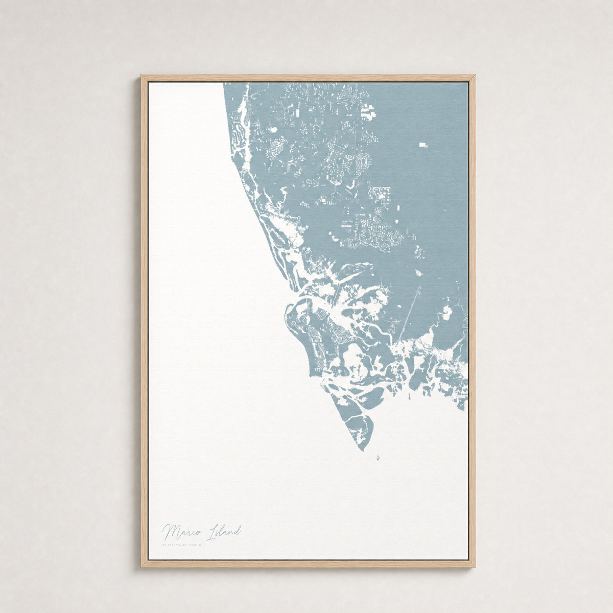 Marco Island Coastal Map — Canvas Vertical — soft-blue, Light Wood