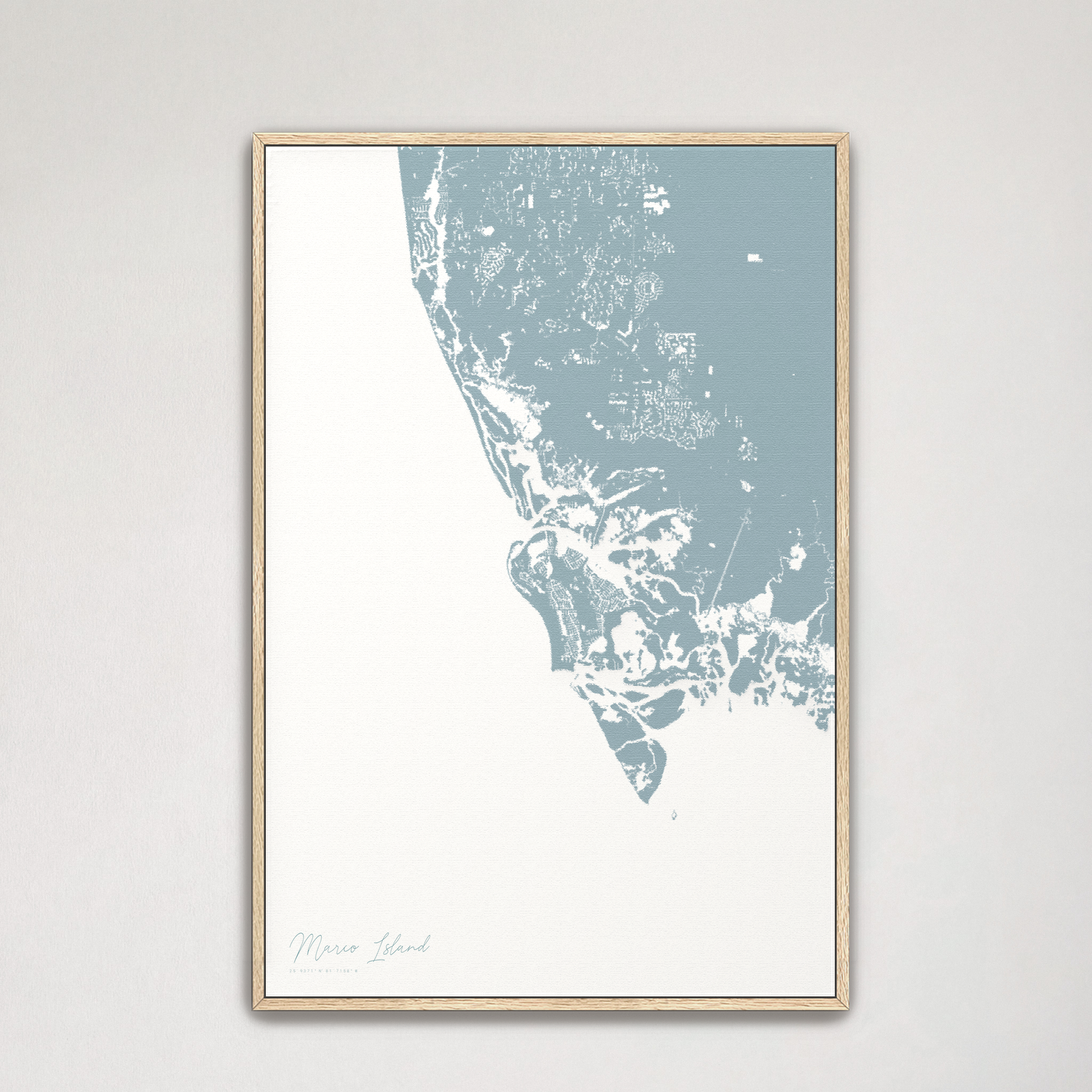 Marco Island Coastal Map — Canvas Vertical, soft-blue, Natural Oak