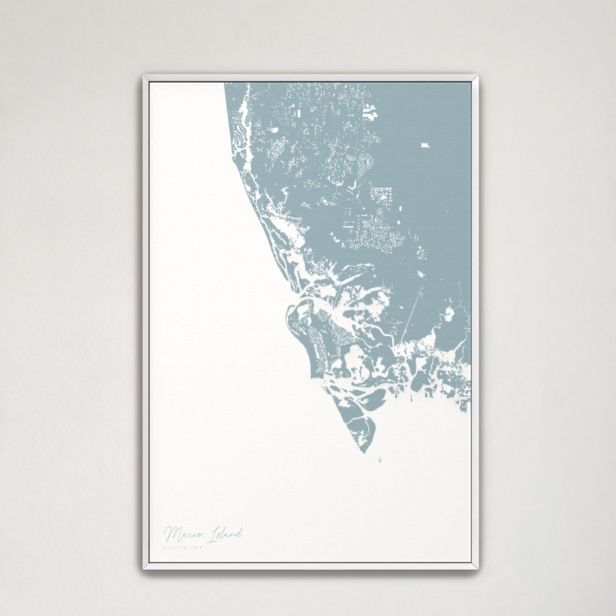 Marco Island Coastal Map — Canvas Vertical, soft-blue, White Frame