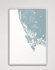 Marco Island Coastal Map — Canvas Vertical, soft-blue, White Frame
