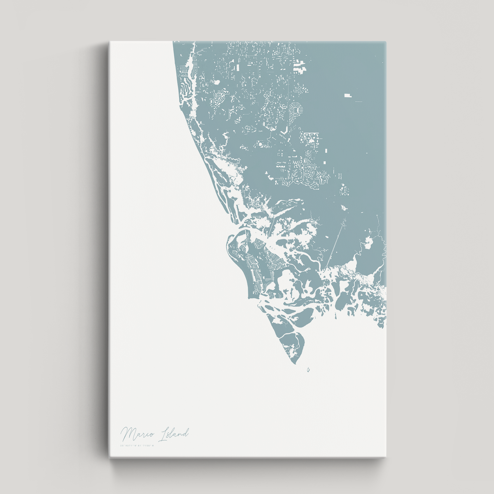 Marco Island Coastal Map — Canvas Vertical, soft-blue, No Frame