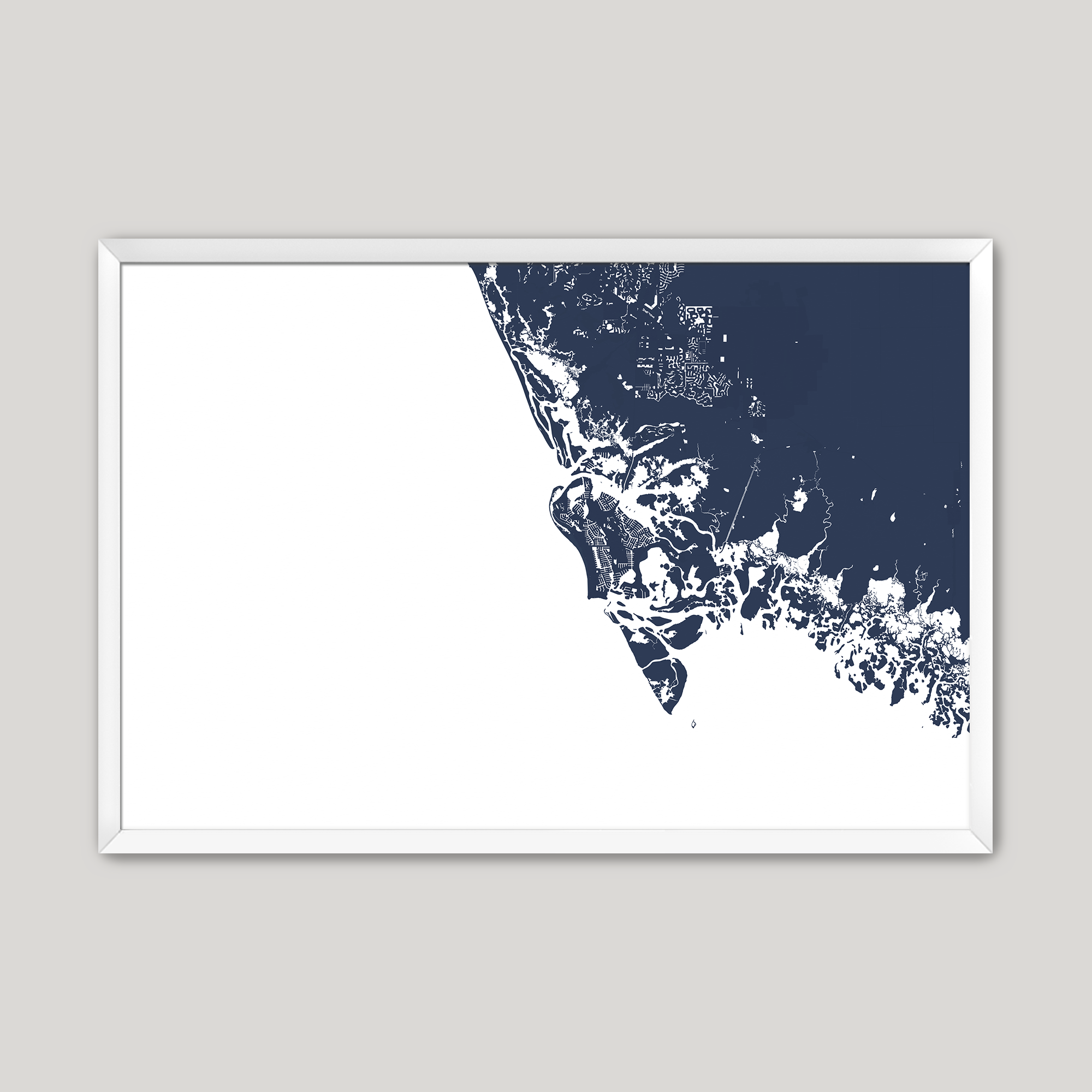 Marco Island Coastal Map — Fine Art Print Horizontal, navy, White Frame, 10x8