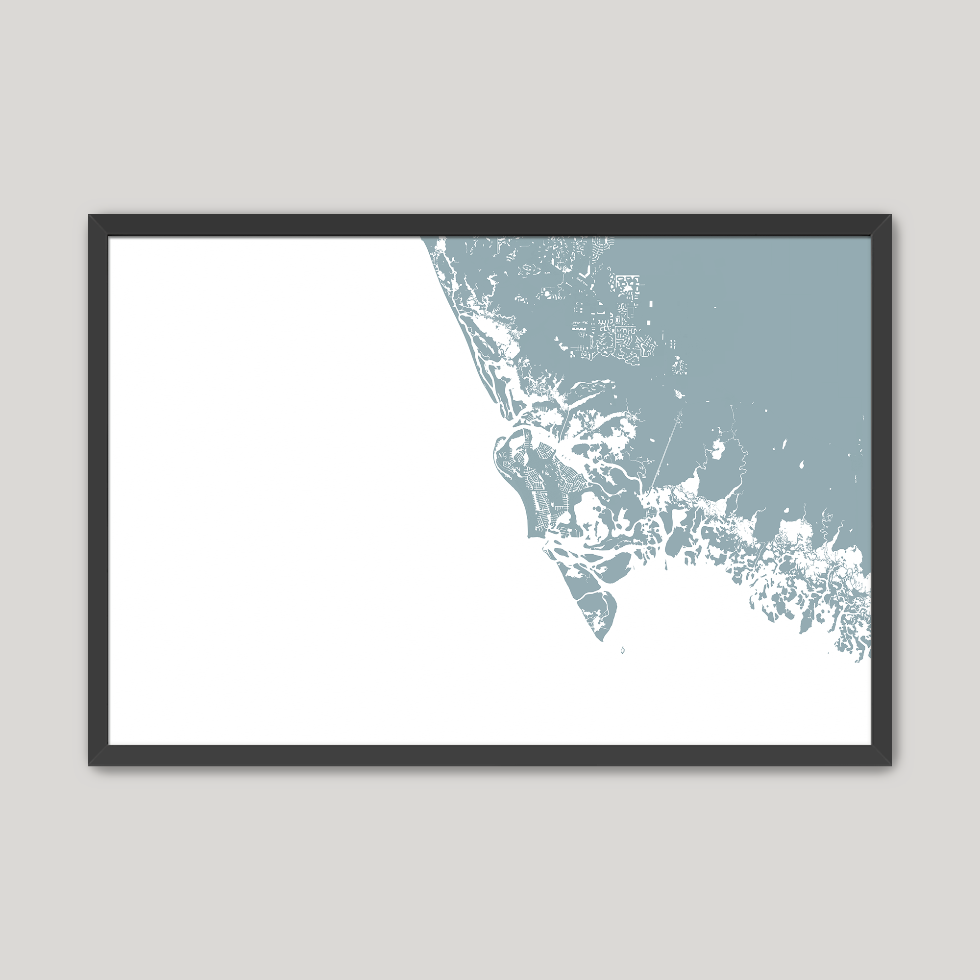 Marco Island Coastal Map — Fine Art Print Horizontal, soft-blue, Black Frame, 10x8
