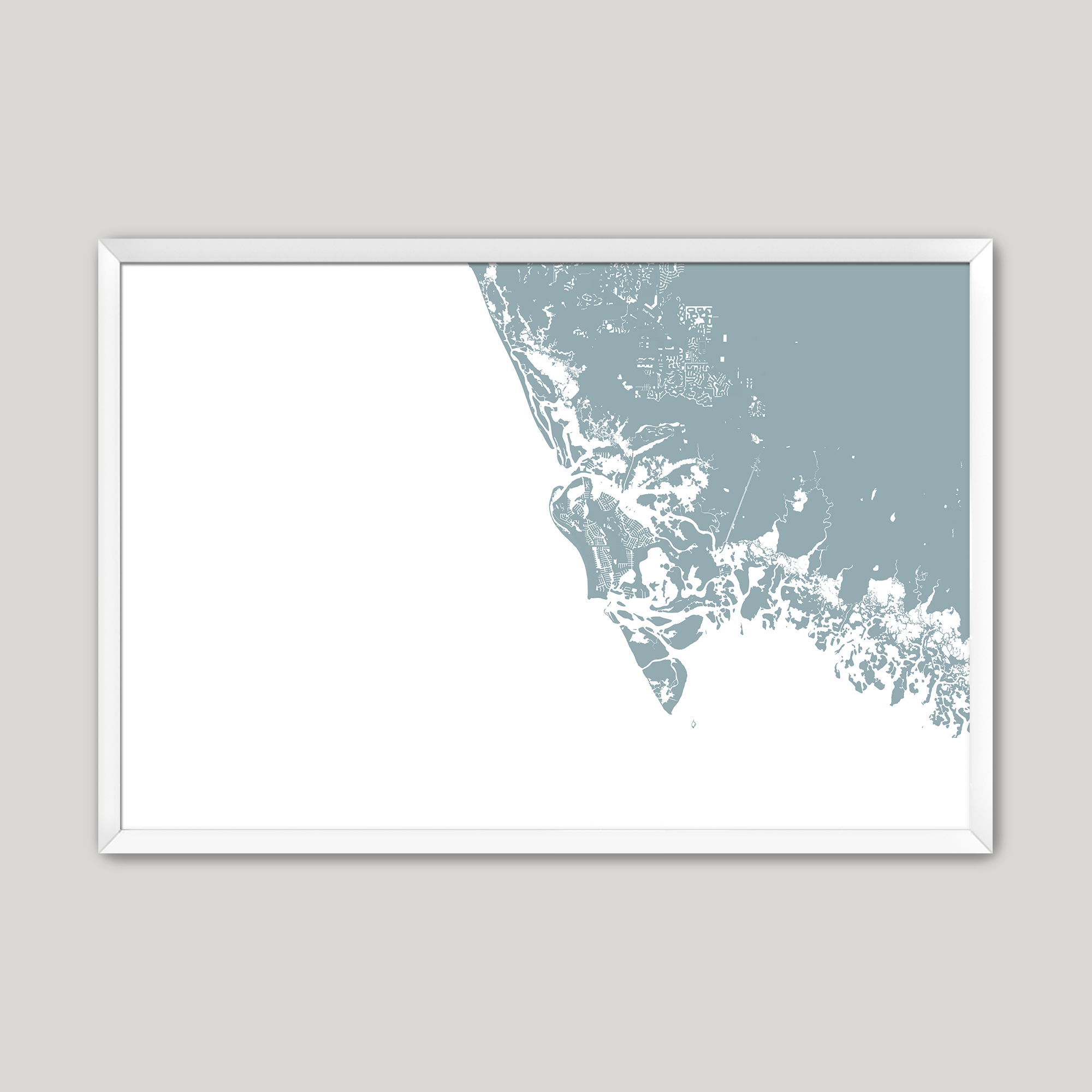 Marco Island Coastal Map — Fine Art Print Horizontal, soft-blue, White Frame, 10x8